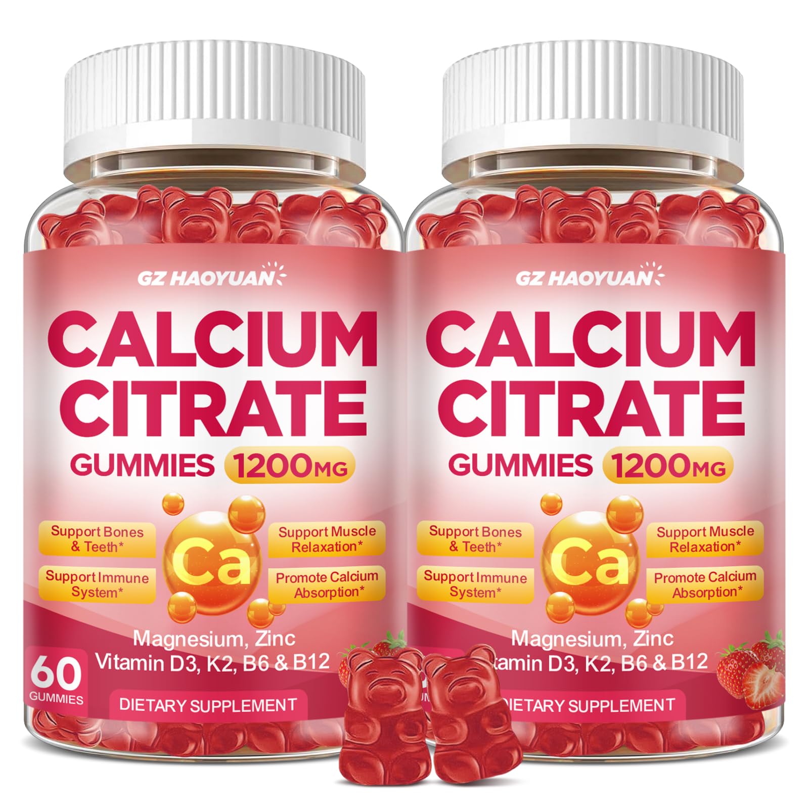 Calcium Citrate Gummies - 1200mg Calcium Gummies Supplements for Women & Men with Vitamin D3, K2, Magnesium, Zinc High Absorption for Muscle & Immune Support, Strawberry Flavor, 120 Count Strawberry 60 Count (Pack of 2)