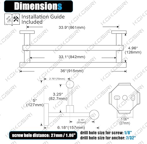 Miniatura 2 de KOKOSIRI Toalleros de baño de 36 pulgadas, rieles dobles para toallas, portatollas negro mate extralargo para cocina, inodoro, acero inoxidable