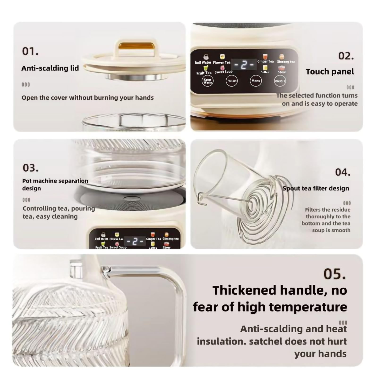 Théière Électrique Multifonction 1200ml, 8 Modes de Préparation, Base Chauffante avec Écran Digital, Carafe en Verre, Blanc