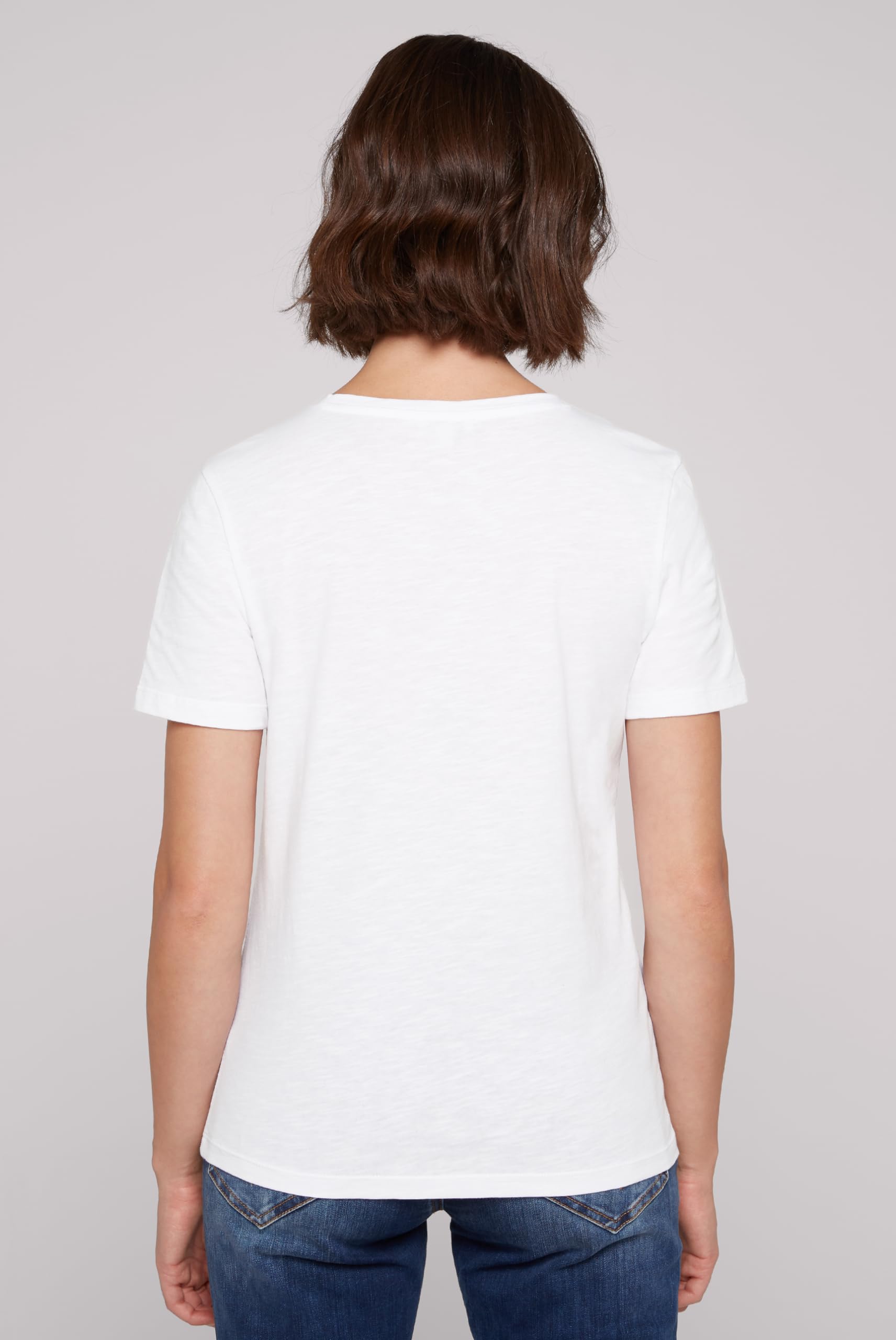 SOCCX Damen Basic T-Shirt mit V-Ausschnitt 100% Baumwolle Kurzarm Logo Print Oberteil