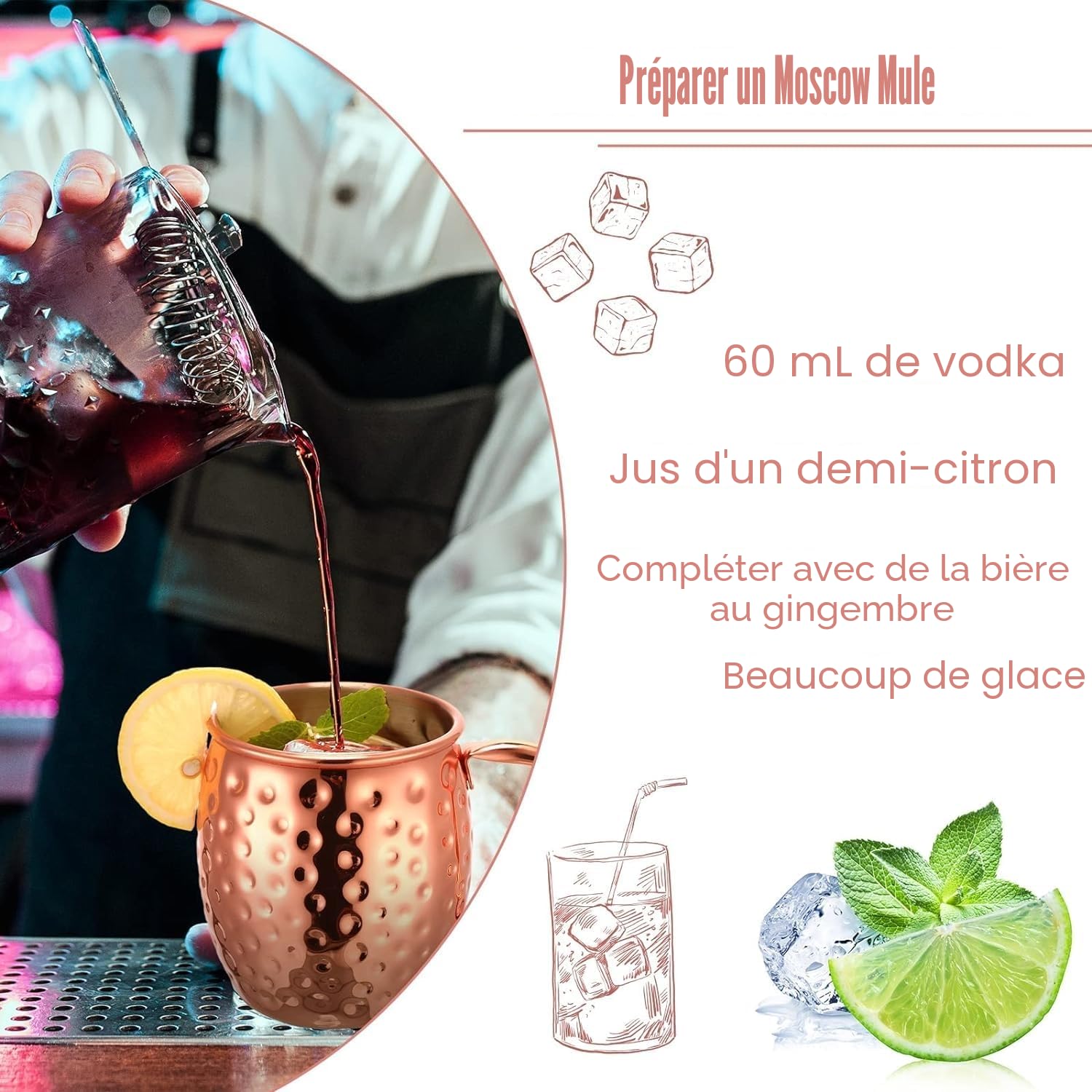 Verres Moscow Mule Cuivre Mugs 550ml Tasses pour Cocktail, Rhum, Boissons Froides, Maison, Bar, Fête, La Saint Valentin Anniversaire Journée des mères Journée des pères Cadeaux Ensemble