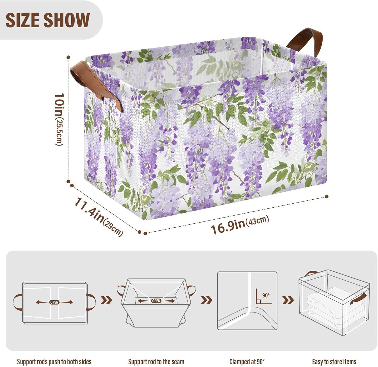 Light Purple Wisteria Flower Storage Basket Foldable Cube Storage Bins with Handles&Labels Waterproof Collapsible Organizer Box Bin Large Rectangle Baskets for Shelves Home Living Room Closet, 2 Pack