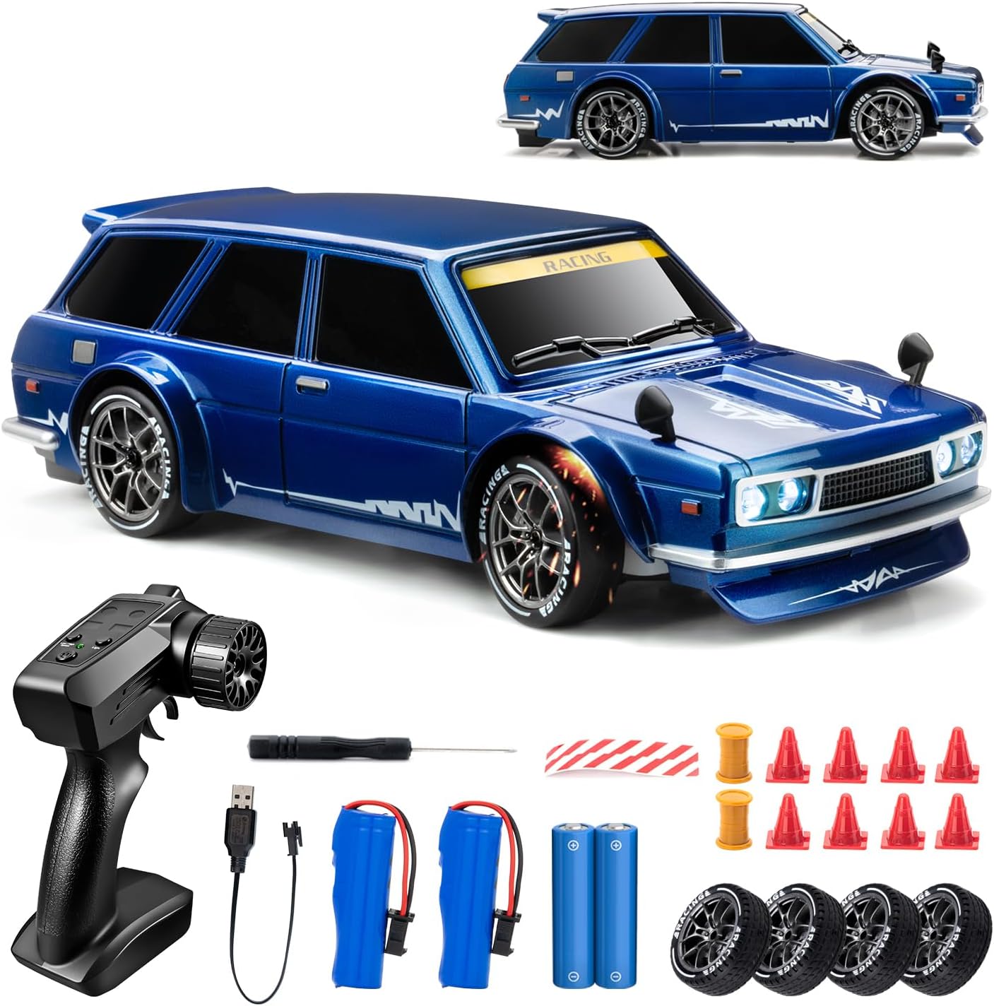 RC Drift Car, 1/24 Remote Control Drift Car for Adults Kids, 20KM/H 4WD Low/High Speed RC Cars with LED Lights, Extra Drifting Tires, Vehicle for Boys Girls Beginners Indoors Outdoors Blue