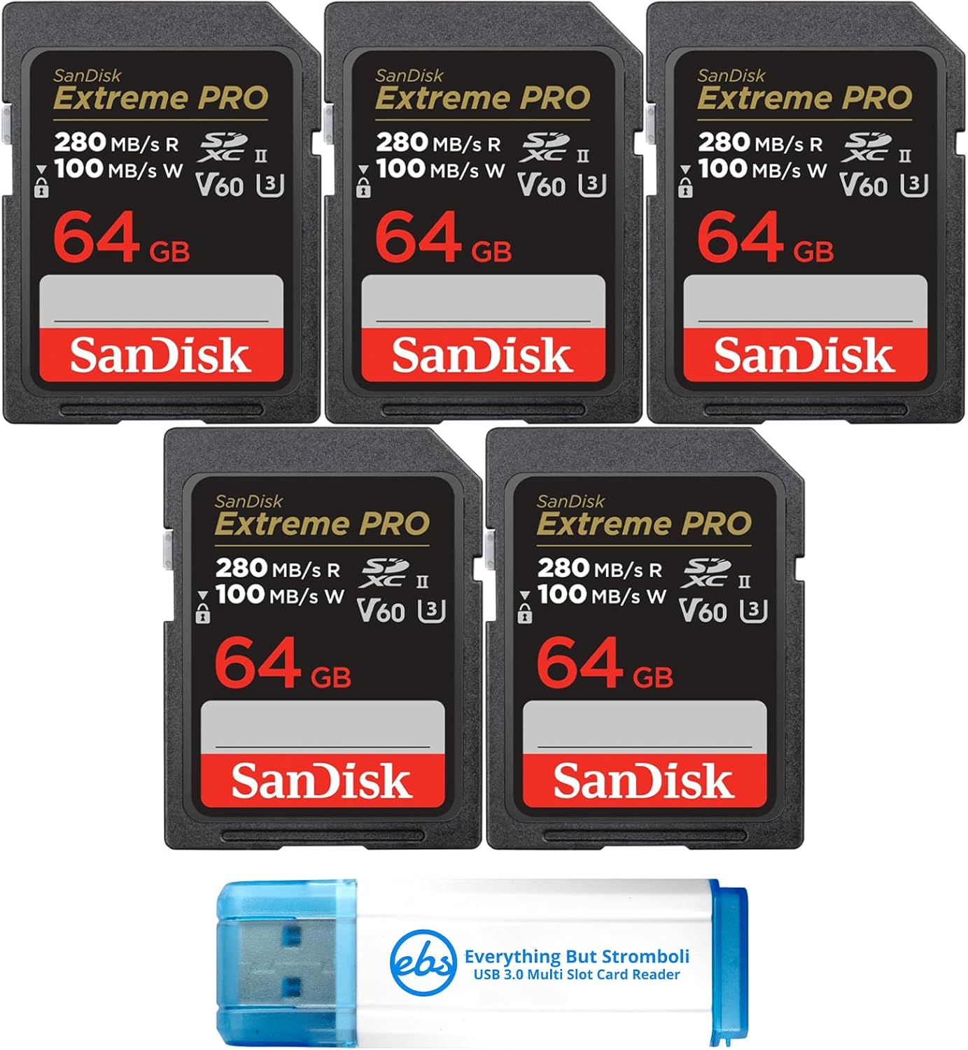 SanDisk (5 Pack) SDXC Memory Card 64GB UHS-II Extreme Pro V60 for Photo and Video (SDSDXEP-064G-GN4IN) Bundle with 1 Everything But Stromboli Micro & SD Card Reader