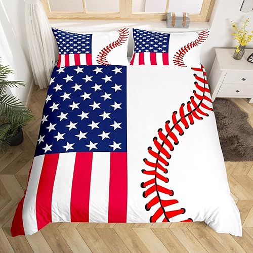 Miniatura 4 de Funda de edredón de bandera estadounidense, juego de ropa de cama de béisbol abstracto de 3 piezas para niños, adolescentes y adultos, decoración de