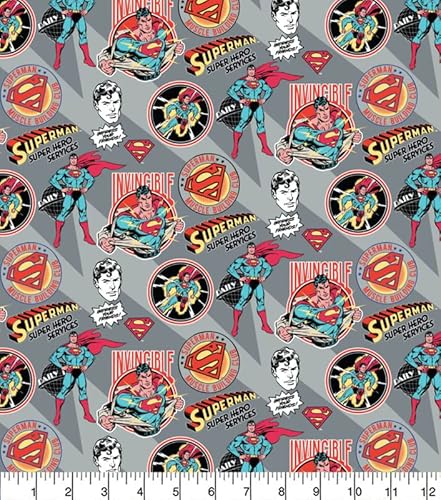 Camelot Fabrics Grey - Superman Muscle Building Dc Comics Cotton Fabric By The Metre 44'' Wide, Color, 100% Cotton Children's Craft Licensed Fabric For Quilting, Crafts, Sewing, Dressmaking