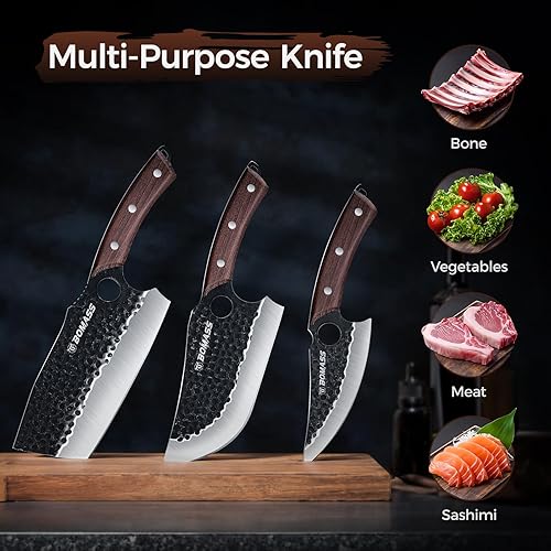 Miniatura 7 de Cuchillo de carnicero para carne, cuchillo japonés forjado a mano, juego de 3, cuchillo de cocina de alto carbono, cuchillo de chef serbio y