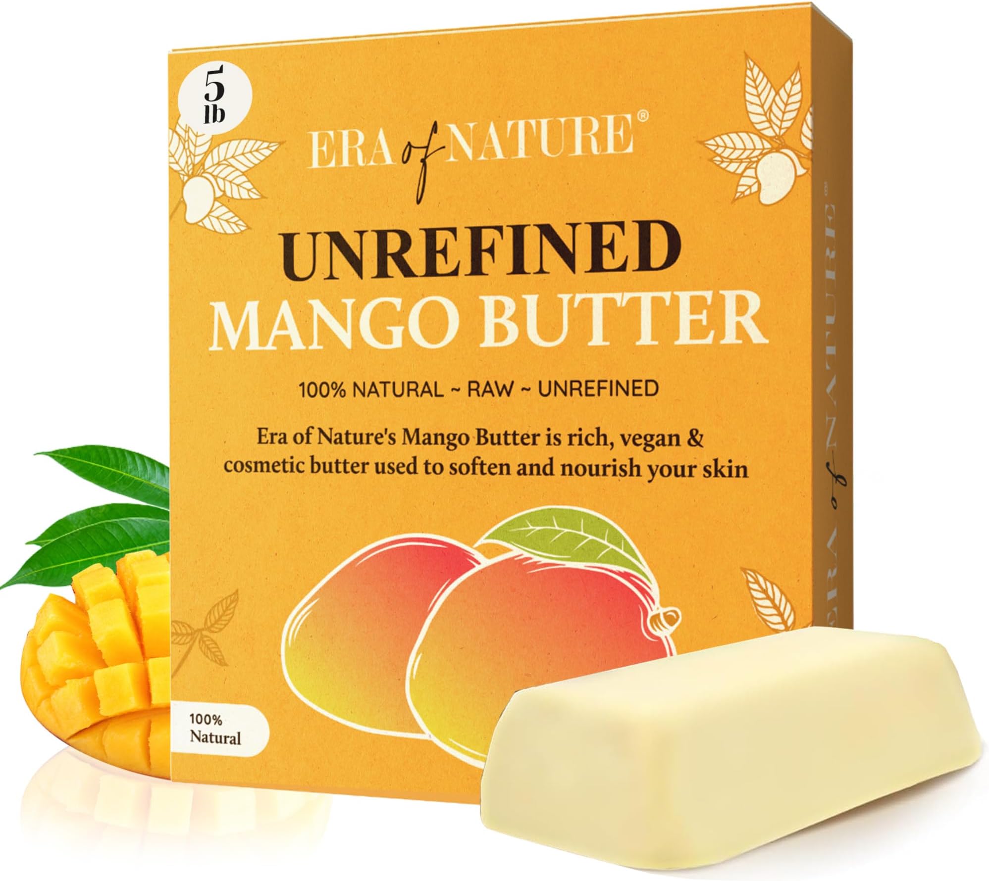 era of nature Organic Unrefined Raw Mango Body Butter Block 32oz - Moisturizing Mango Seed Raw Butter Bar for Skin & Hair, DIY Lip Balm Base, Cream, Soap & Lotion Making Supplies, Personal Skincare