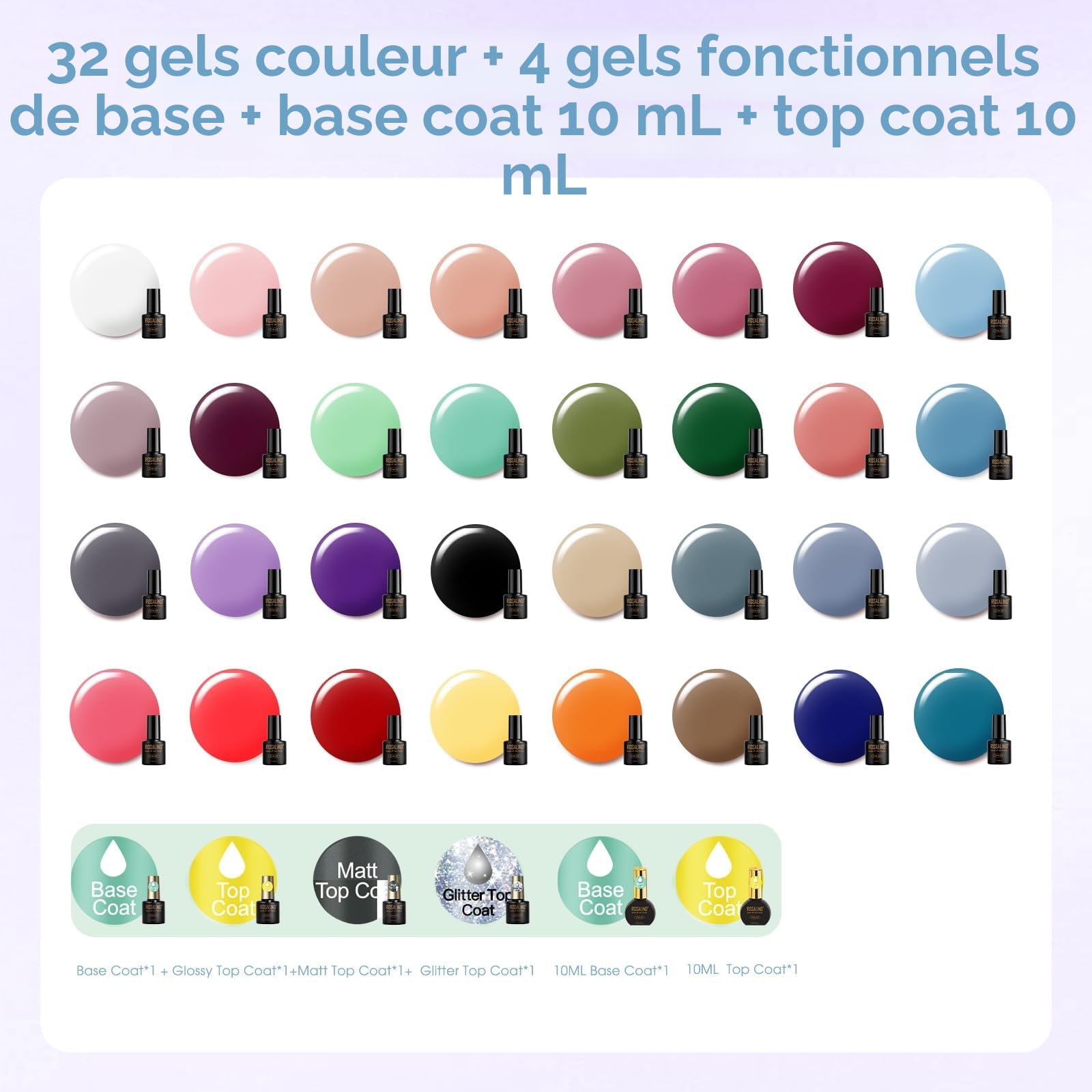 ROSALIND Kit Vernis Semi Permanent Complet, 32+4 PCS Vernis Gel avec 48W UV/LED Lampe , Kit Ongle Gel UV Complet Cadeau Blanc Vert Violet Bleu Marron Gris Kit Manucure