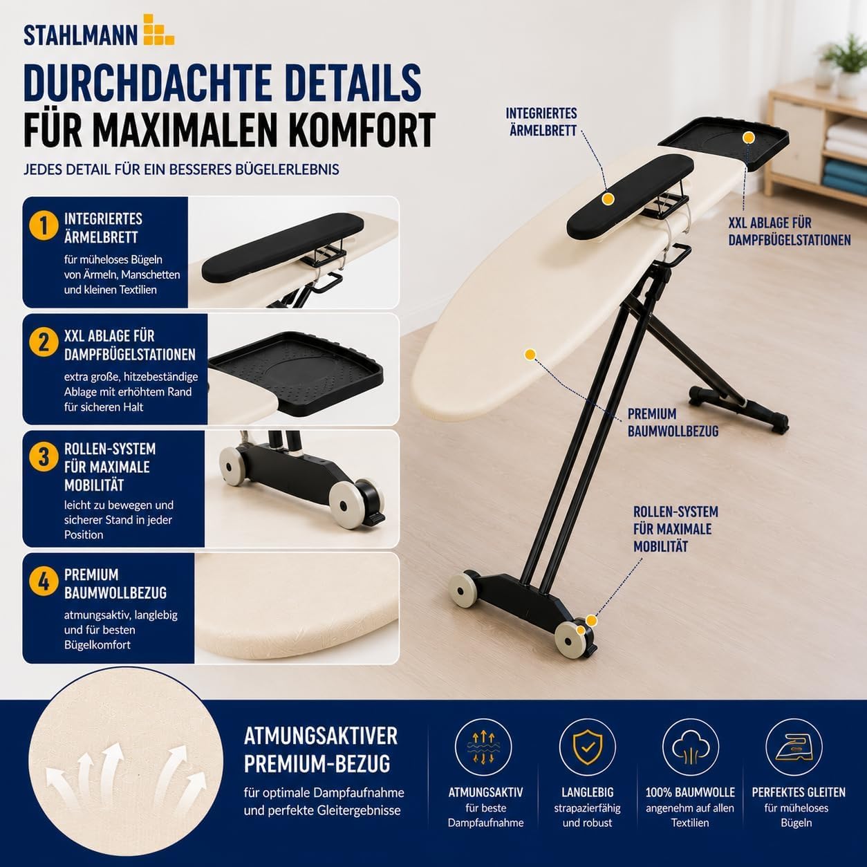 STAHLMANN® Bügelbrett für Dampfbügelstation [132x46] Ärmelbrett + Rollen | Dampfbügelstation-Bügelbrett 132 x 46 cm | Ärmelbrett | Rollen | 60-90 cm | Made in Europe