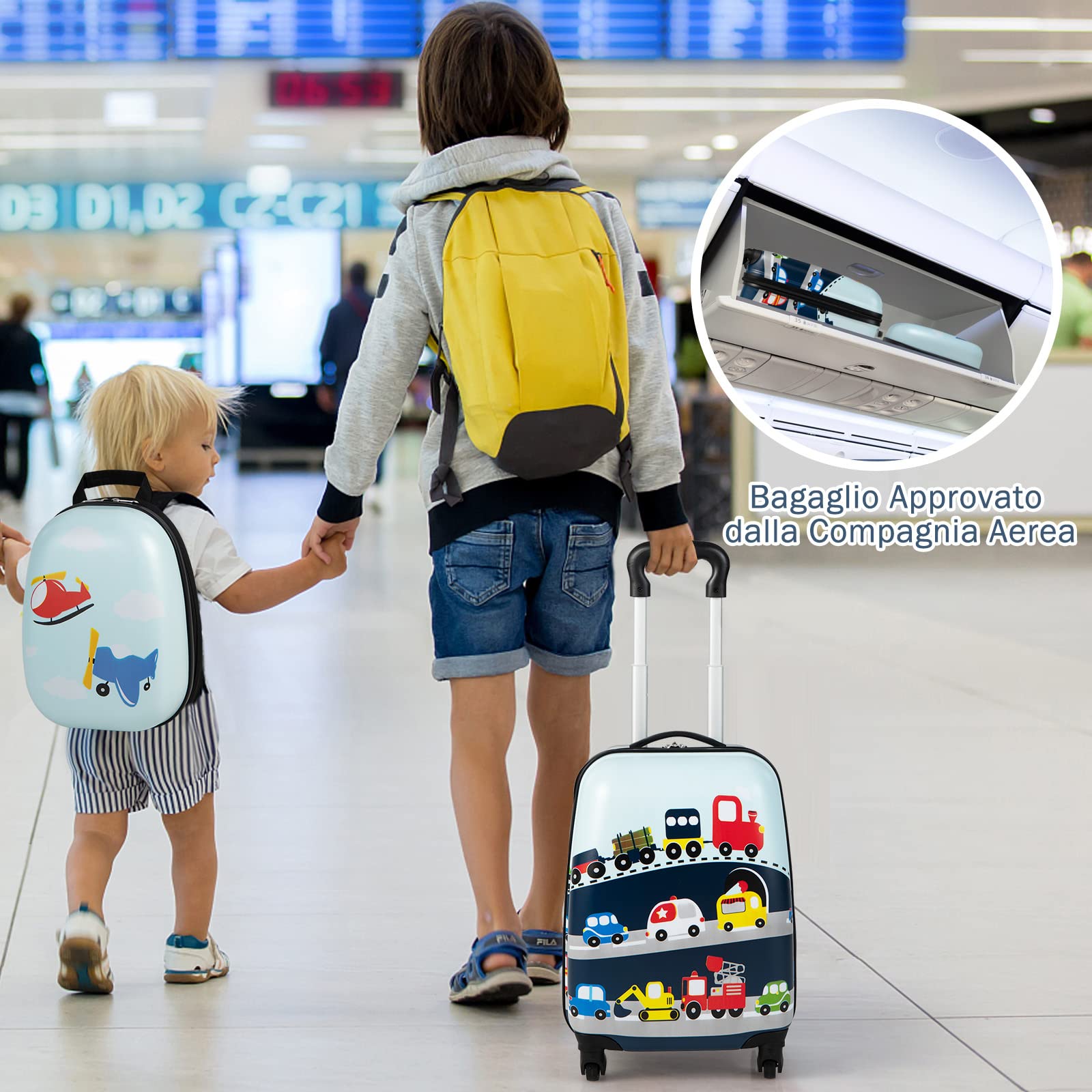 GYMAX Set di Valigia per Bambini, Trolley Bagaglio di 2 Pezzi a Mano Cavalcabile con Cinghia e Tracolla, Valigia Rigida con Ruote e Zaino, Regalo per Bambino e Bambina (12"+16", Aereo Auto)