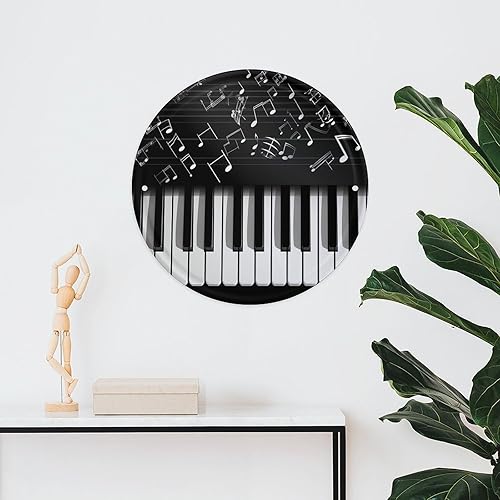 Miniatura 6 de Circular Metal Wall Art Iron Wall Hanging - Piano Keys with Musical Notes Vintage Industrial Tin Sign with Pre-Drilled Holes, Retro Round Metal Art