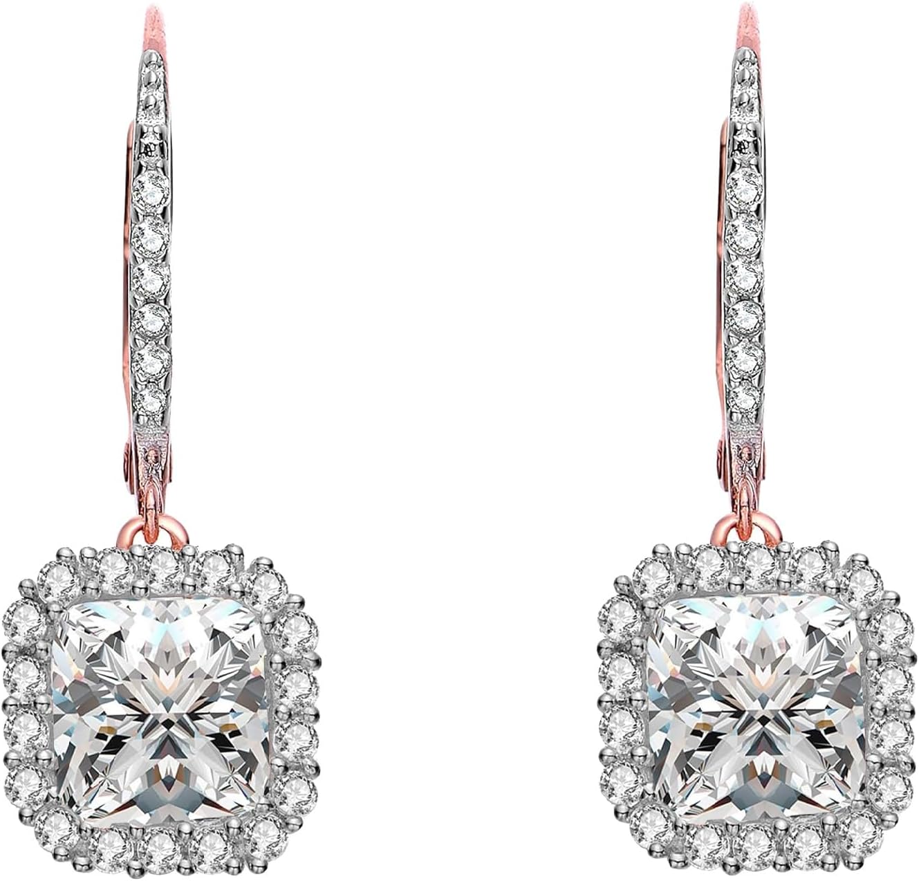 Gold-Plated CZ Halo Drop Earrings – Bridal Simulated Diamond Dangle Earrings for Women – Hypoallergenic Leverback Style – Heart, Round, Square, Triangle Shapes
