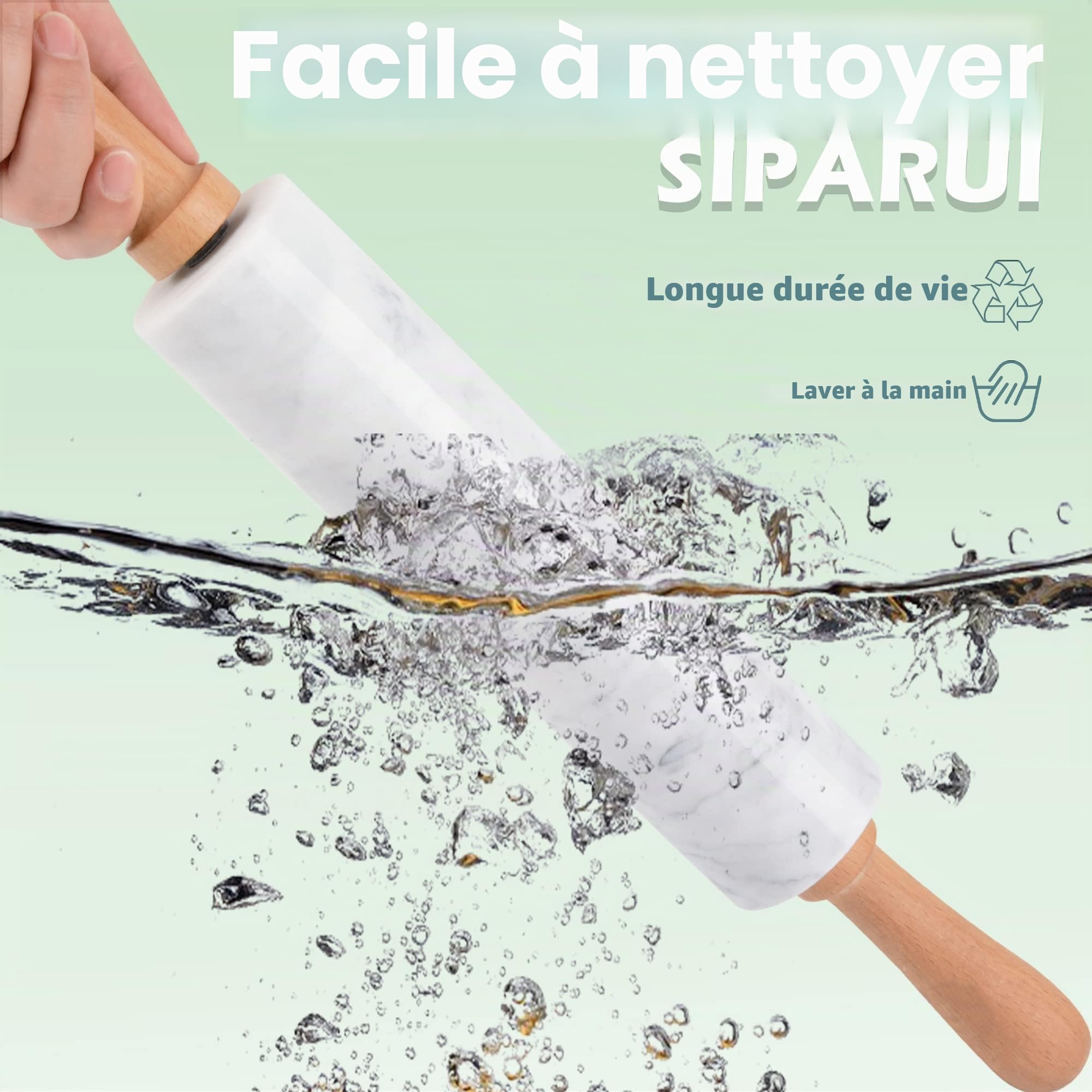 Rouleau à pâtisserie en marbre avec support en bois épais pour pâtisserie, 47 cm, rouleau poli de qualité supérieure pour pâte à pizza, fondant, pâte à tarte, surface antiadhésive, facile à nettoyer