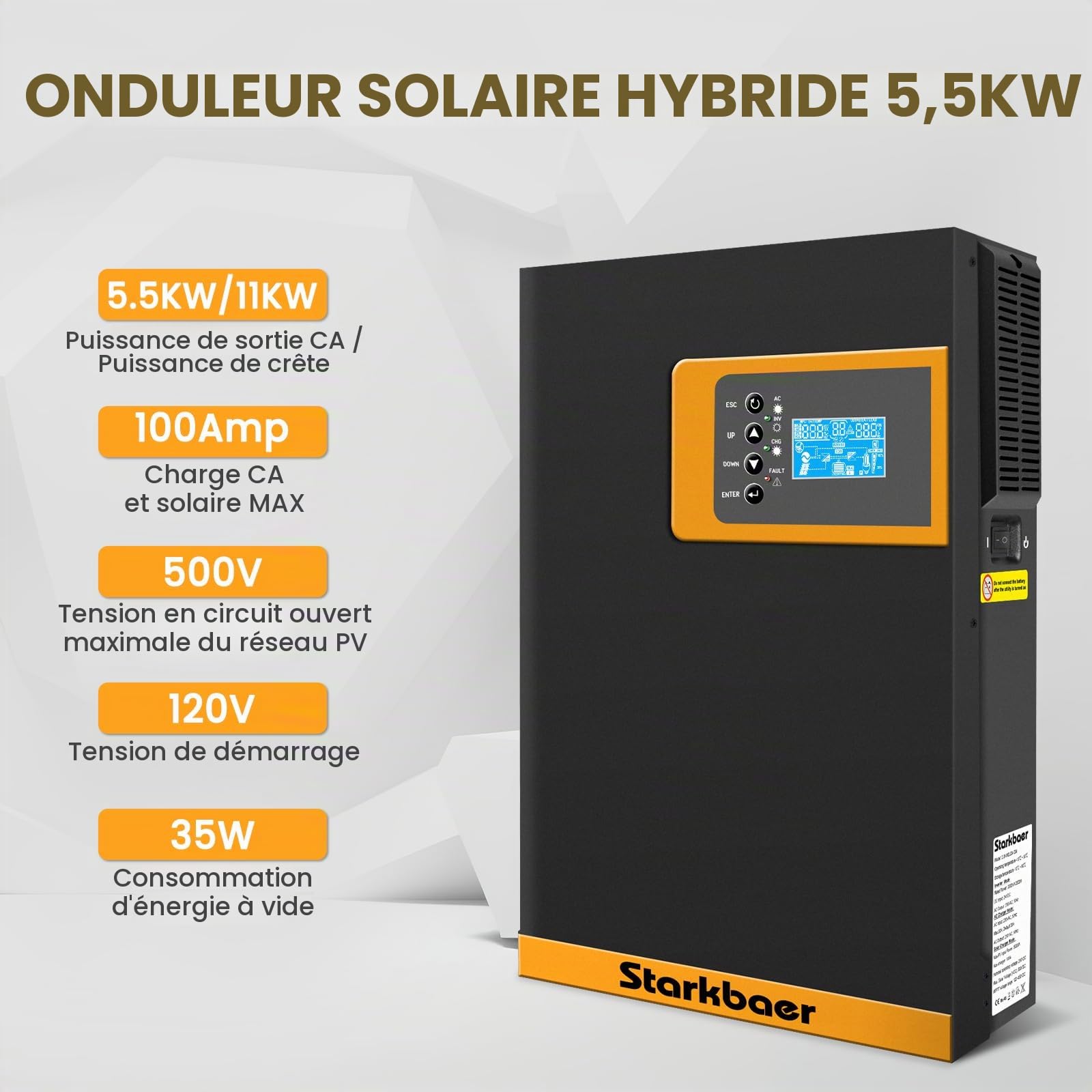 Onduleur Solaire Hybride 5500W 48V vers 220/230V AC Hybride avec régulateur de Charge Solaire MPPT 100A, Convient à Tous Les Types de Piles - pour Le Stockage Domestique (5500W48V)
