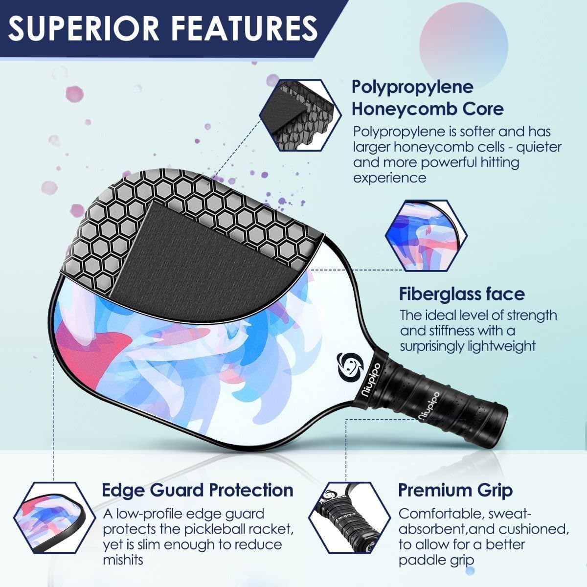 niupipo Pickleball Paddles Set of 2 or 4, USAPA Approved Fiberglass Pickleball Paddle Set with Balls and Bag, Polypropylene Honeycomb Core, Lightweight Pickleball Paddles for Beginners Men Women