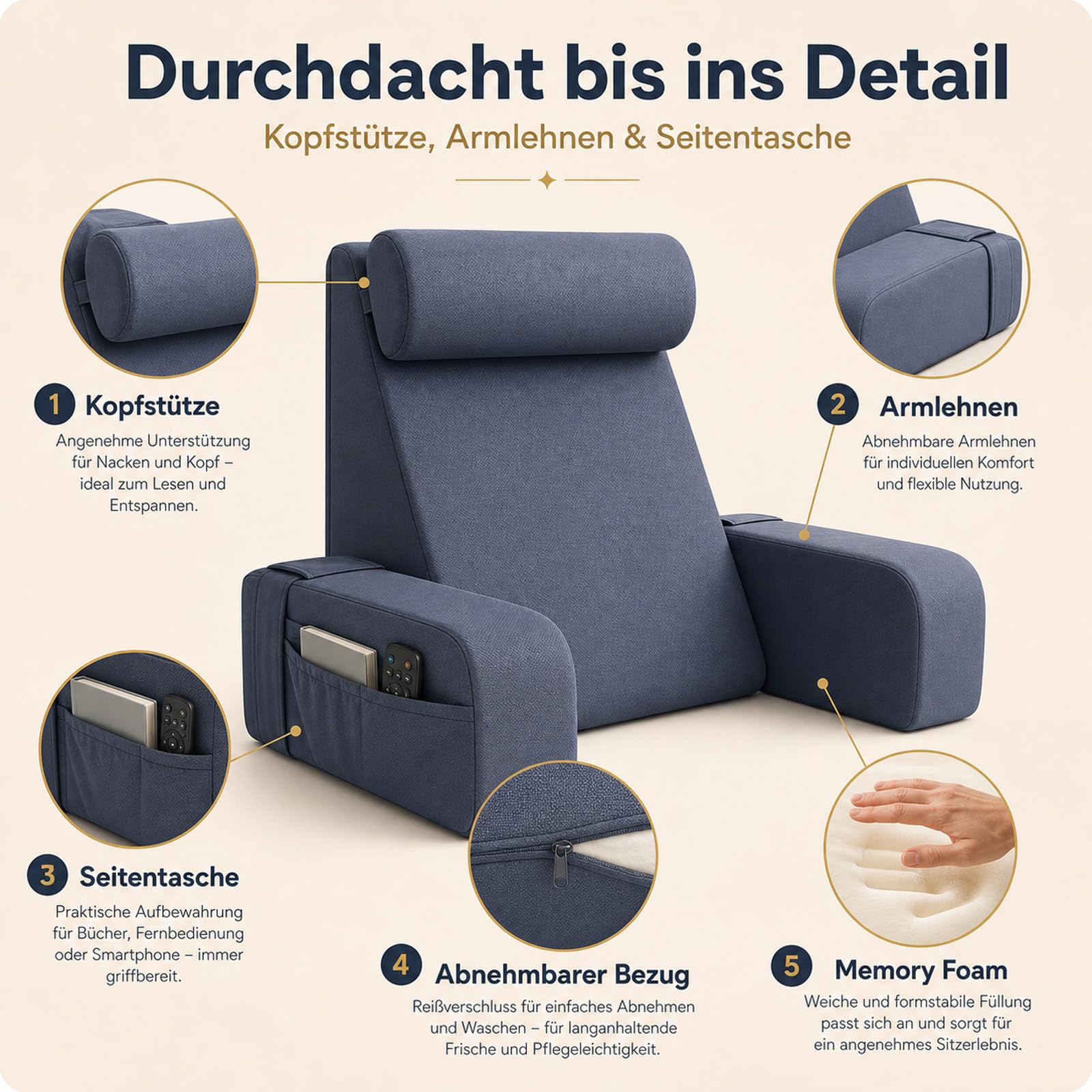 Lesekissen für Bett und Sofa, Ergonomisches Rückenkissen mit kühlendem Eisseide-Bezug, Memoryschaum, Verstellbarer Rückenstütze und abnehmbaren Armlehnen, großes Keilkissen zum Lesen 50cm