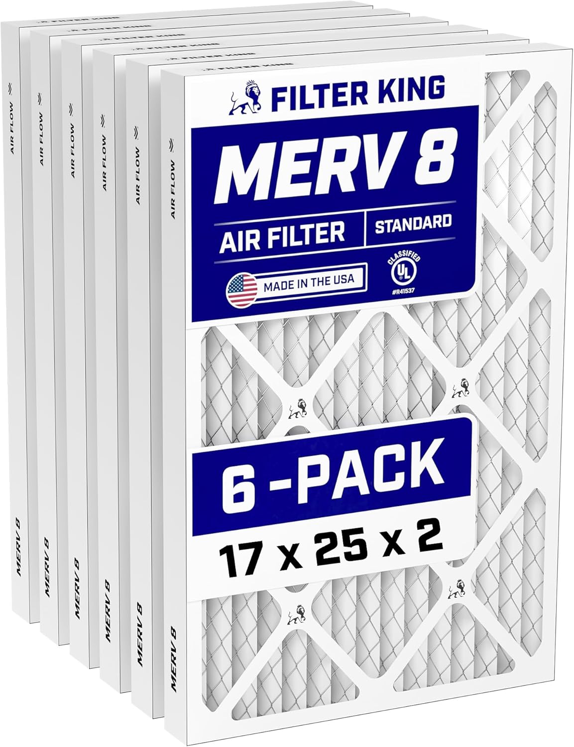 Filter King 17x25x2 Air Filter (MERV 8) (6-Pack) Dust & Allergy Control AC Furnace Filters, MADE IN USA, HVAC, Pleated, Electrostatic (Actual Size: 17 x 25 x 1.75)