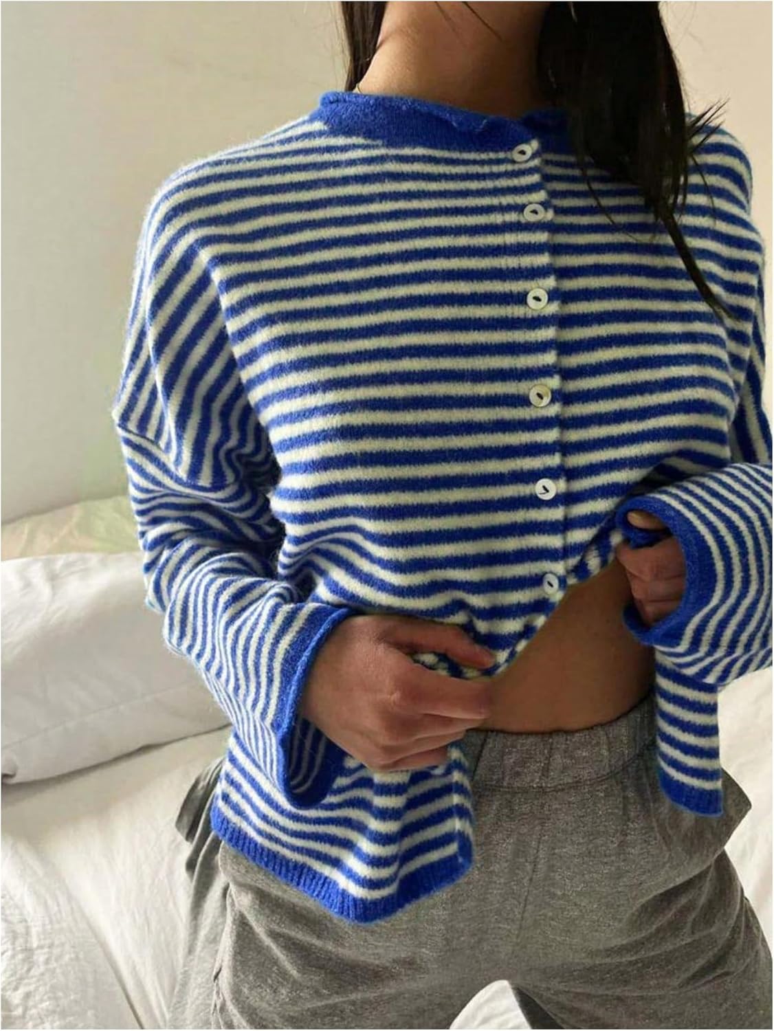 Milumia Women's Striped Button Down Cardigan Sweater Long Sleeve Crewneck Loose Knit Tops - Image 2