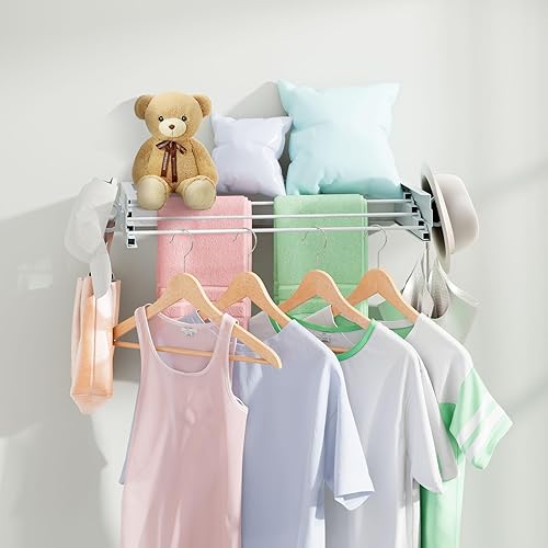 Miniatura 7 de Escurridor de ropa para colgar en la pared de 23.6 pulgadas, estante de secado de ropa plegable con 4 ganchos para toallas y 4 varillas para colgar