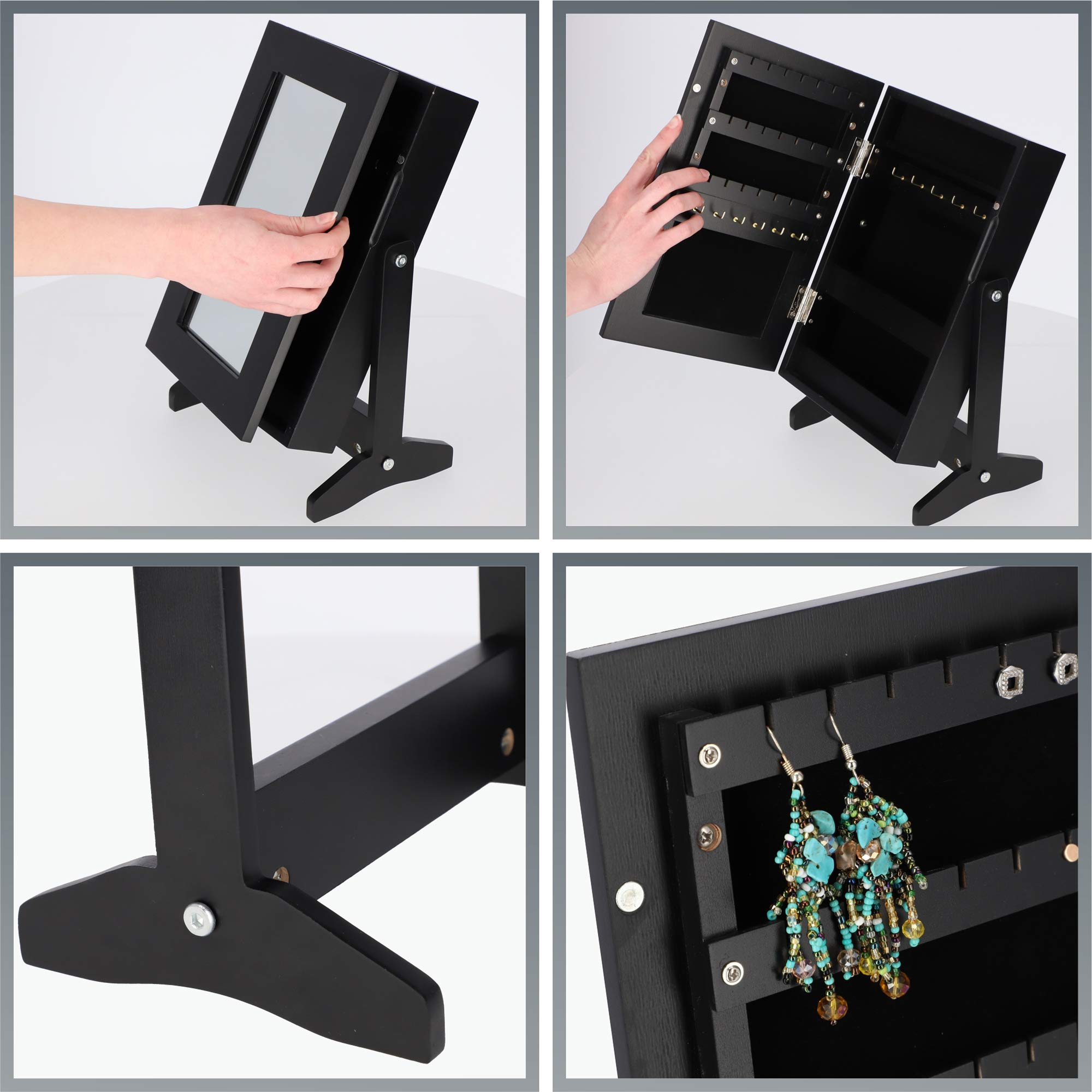 KADAX Boîte à bijoux avec miroir, 21 x 15 x 30,5 cm, boîte en panneau MDF, boîte à bijoux avec pieds, étui à bijoux pour chaînes, bagues (noir)