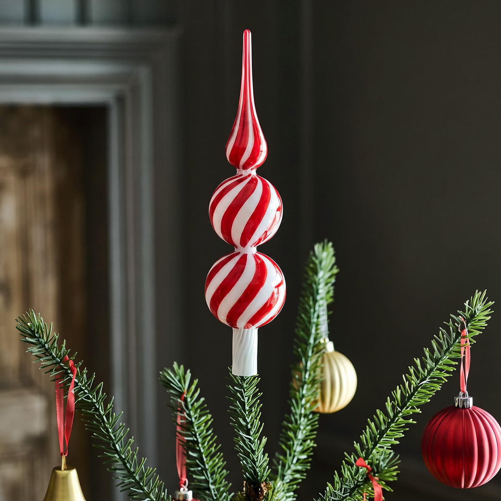 Civaner 9.8" Candy Cane Christmas Tree Topper, Finials Glass Tree Topper