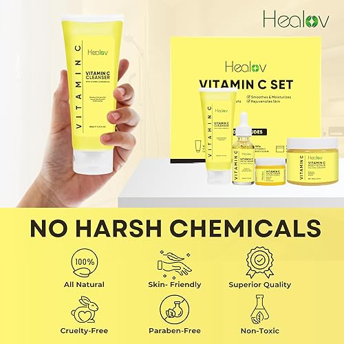 Miniatura 3 de Set de cuidado de la piel con vitamina C  Limpiador facial hidratante, exfoliante corporal, crema facial y suero antienvejecimiento  Vit C reduce la