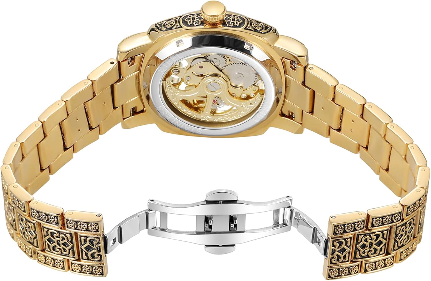 Men's Automatic Watches High-end Vintage Skeleton Self Winding Analog Square Wristwatch with Stainless Steel Bracelet - Image 4