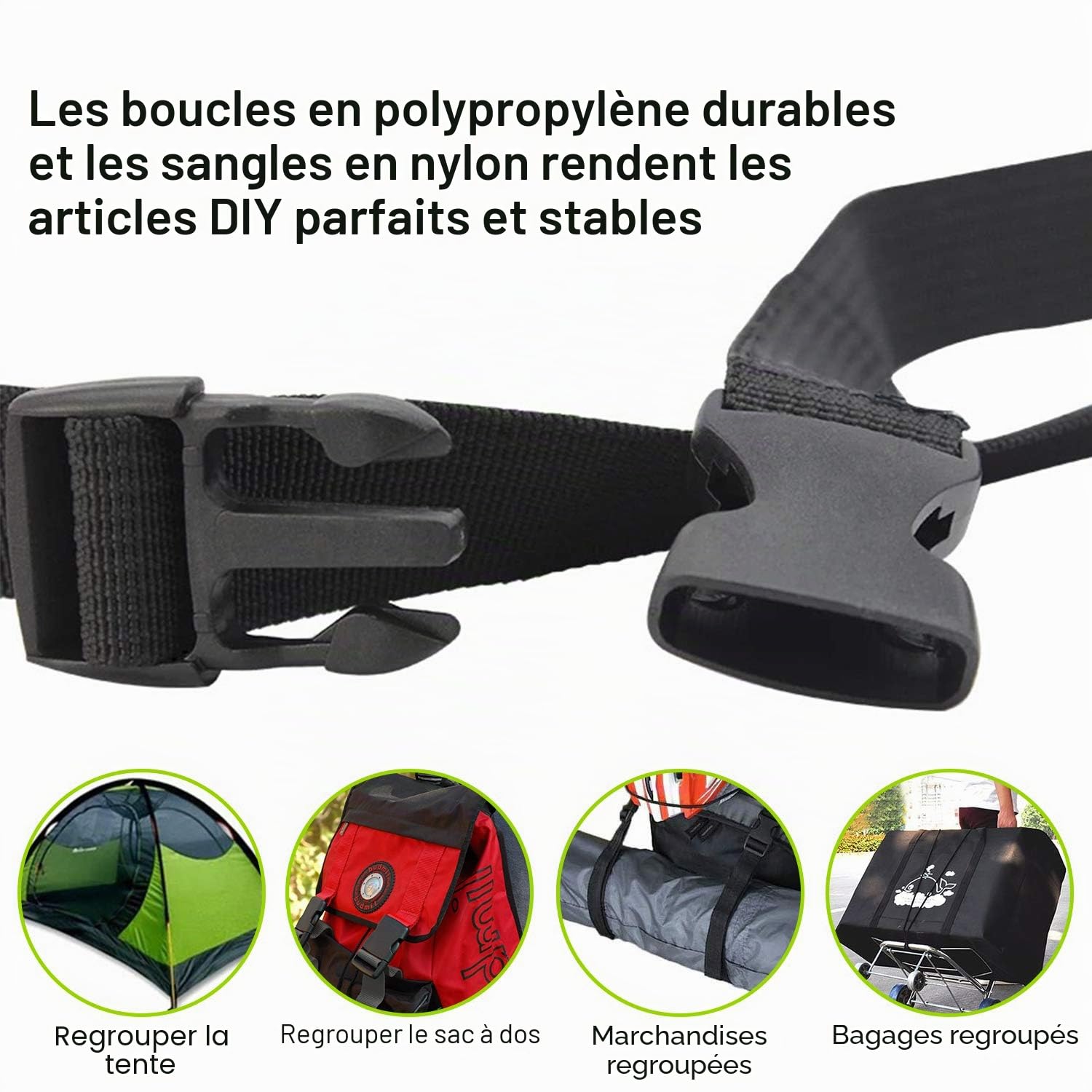 XCOZU Lot de 15 clips à boucle latérale plate en plastique de 25 mm et glissières tri-glissantes, 1 rouleau de 4,6 m de sangle en nylon noir pour réparation de ruban de sac à dos, sangle de bagage,