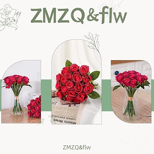 Miniatura 7 de ZMZQ&flw 2 ramos de flores artificiales, 36 cabezas, rosas rojas de seda, flores falsas de un solo tallo para bodas al aire libre