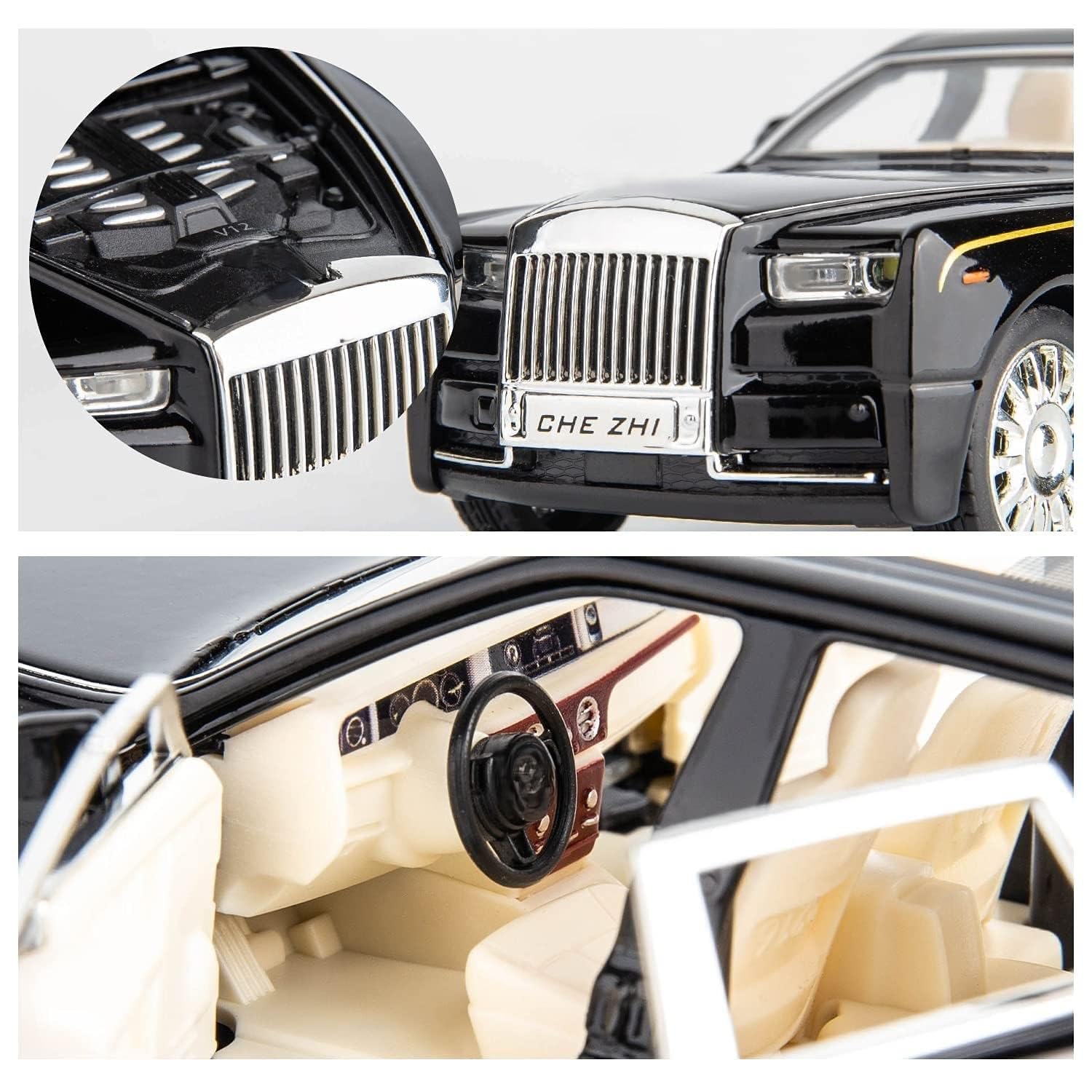 KRIREEN Die Cast Rolls Royce Phantom Metal Car 1/32 Scale Pull Back Toy Diecast Toy Cars for Kids It Comes with Openable Doors, Sound and Light for Kids Boys & Girls, Best for Gifts (Black) 3