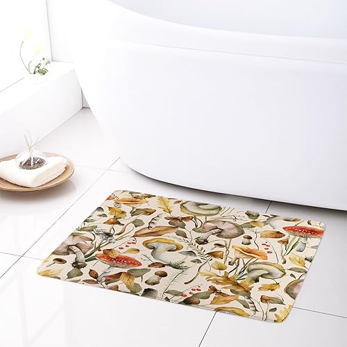 LB Tapete de baño vintage con hongos, plantas de otoño, hojas bronceadas, tapete retro botánico beige, antideslizante, espuma viscoelástica, súper