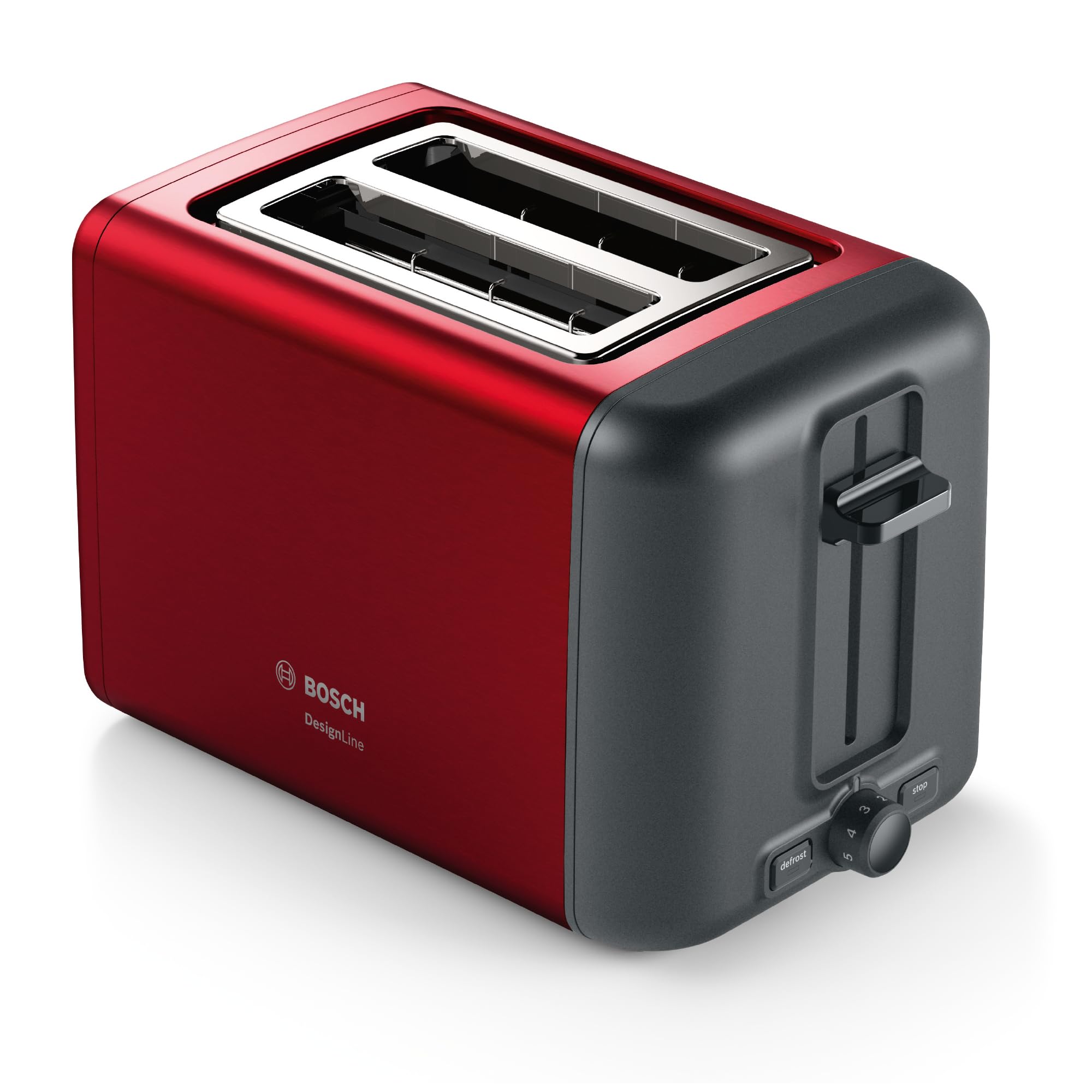 Bosch Toaster TAT3P424DE DesignLine, 2-Scheiben Toaster mit integriertem Brötchenaufsatz, Auftaufunktion & Aufwärmfunktion, Automatische Brotzentrierung, High-Lift, 970W, Rot
