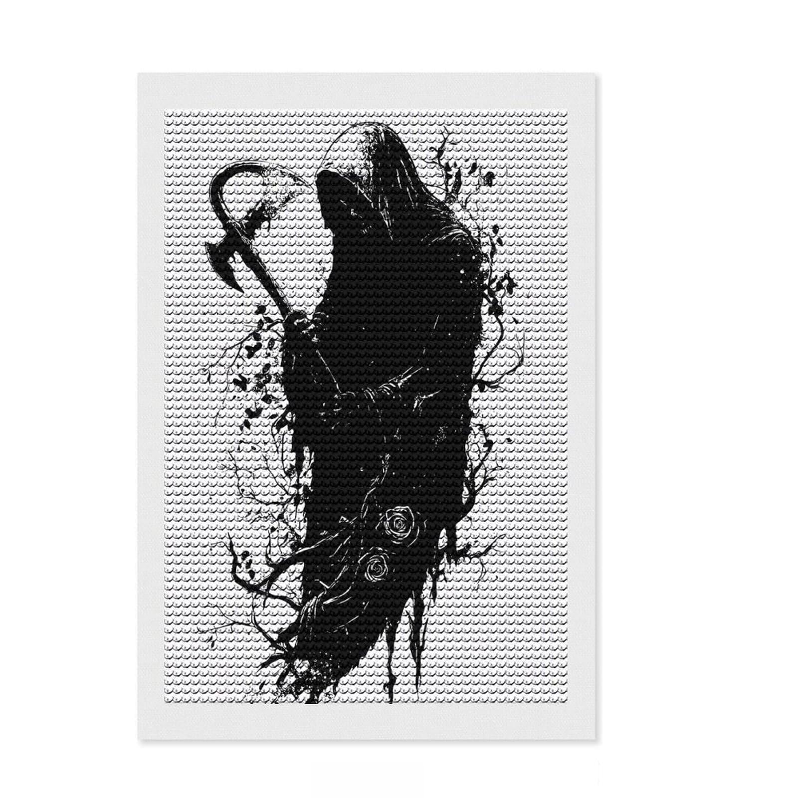 Junmoney Grim Reaper with Axe Black and White Round Drill Diamond Painting 8"x12", Winter Craft, Boho Decor, for Adults, Home Wall Art, Full Kit Included