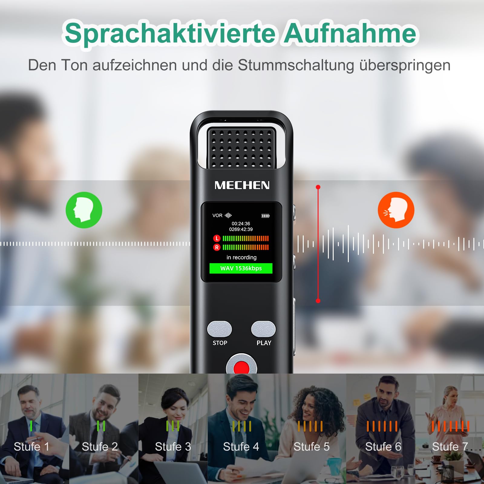 MECHEN V02 Diktiergerät 64GB, 1536Kpbs Digitales Aufnahmegerät mit One-Touch Aufnahme & Rauschunterdrückung für Interviews, Klassen und Meetings, Metallgehäuse, VOR, Line-in