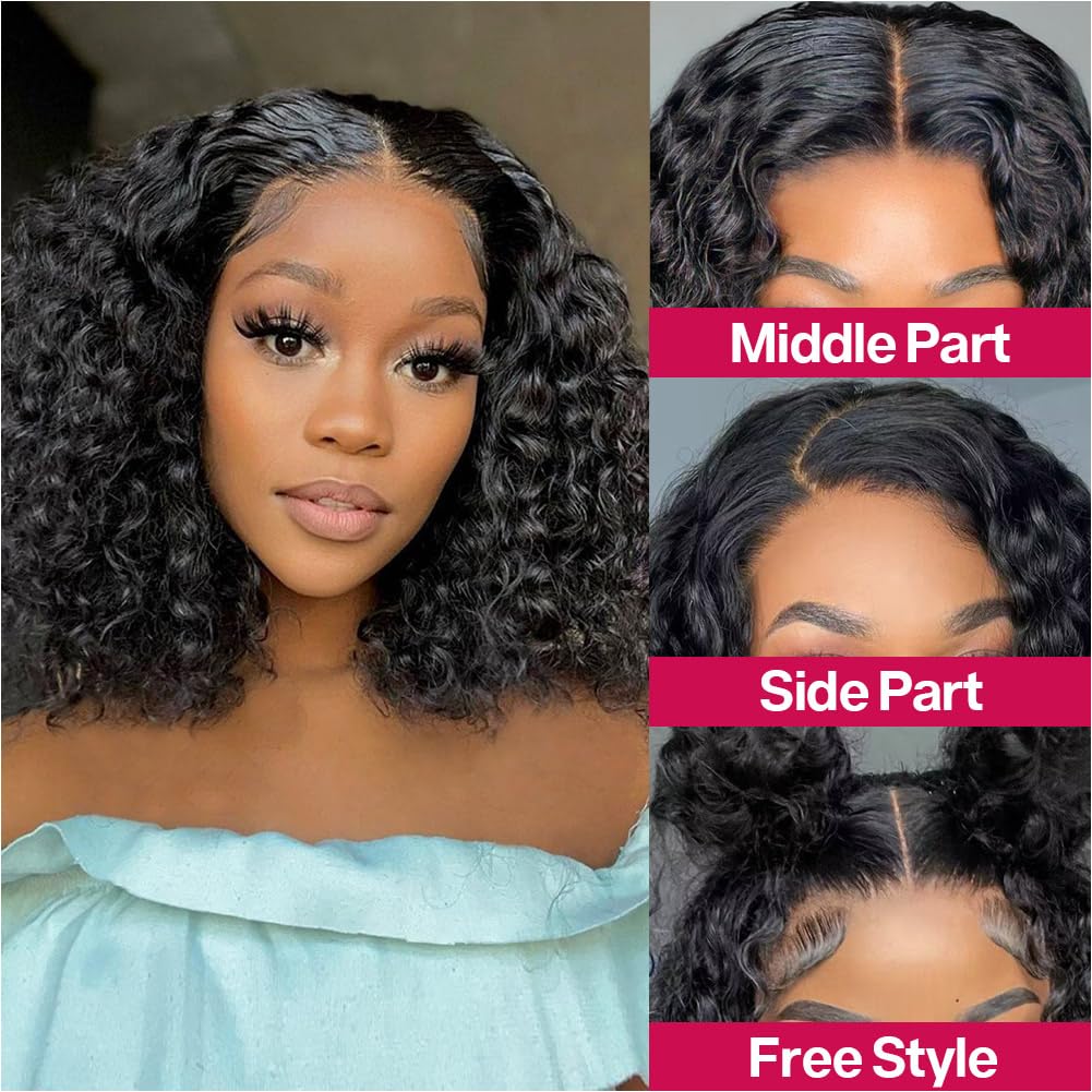 Amazon.com : omswet Curly BOB Wig Human Hair 200 Density 5x5  display picture 2