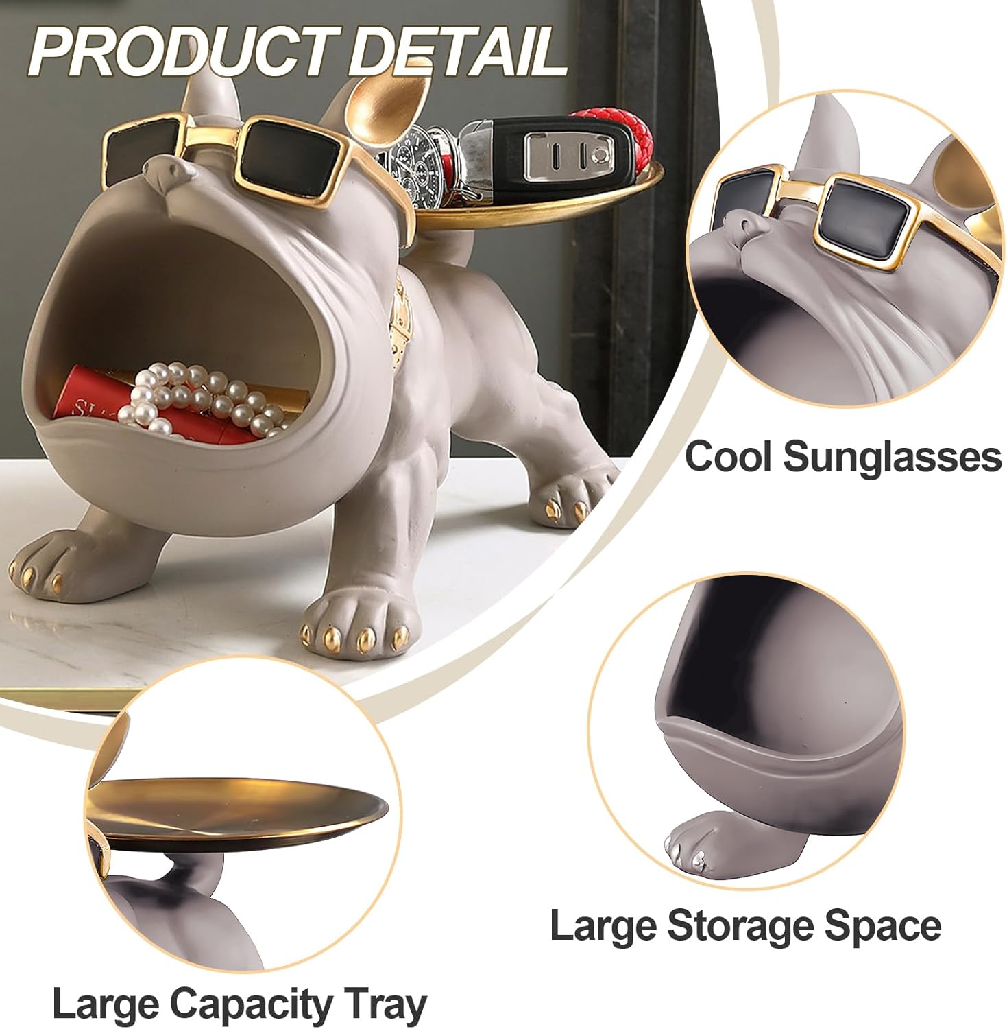 Huhote Resin French Bulldog Tray Statue, Bulldog Candy Dish Key Holder Bowl, French Bulldog Accessories, Statues for Office Desk Home Decor Figurines Entryway Table Decor (Purple Grey)