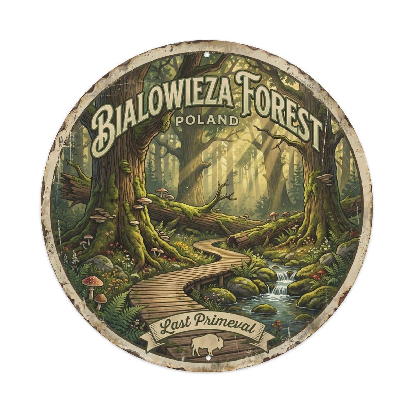 Vintage Travel Bialowieza Forest Poland Primeval Metal Tin Sign Plaque Wall Decor for Cafe, Club, Garden Round Metal Poster 8x8Inch