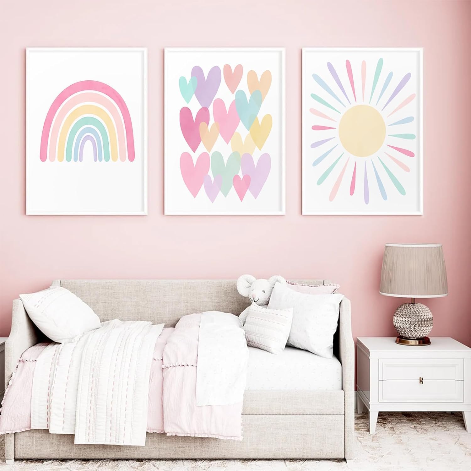 3Pcs Pink Nursery Canvas Wall Art Pastel Rainbow Sun Hearts Posters Prints Boho Pink Sunshine Painting Wall Decor Pictures for Toddler Girls Baby Kids Room Decoration, Unframed 12x16in