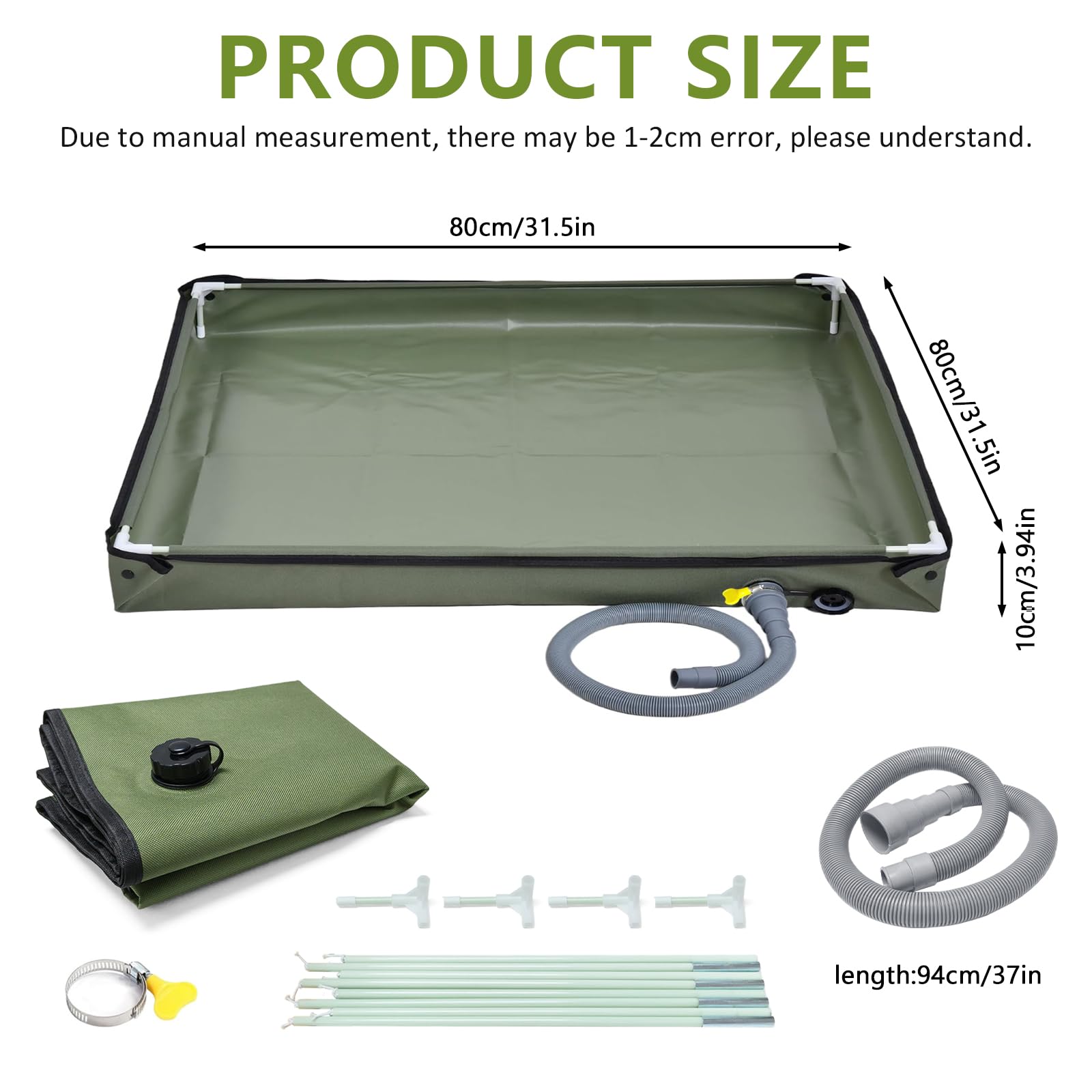 Piatto doccia portatile, pieghevole, per campeggio, con tubo di scarico, 80 x 80 x 10 cm, resistente tessuto Oxford, impermeabile, tenda da sole, da campeggio, per doccia all'aperto (verde militare)