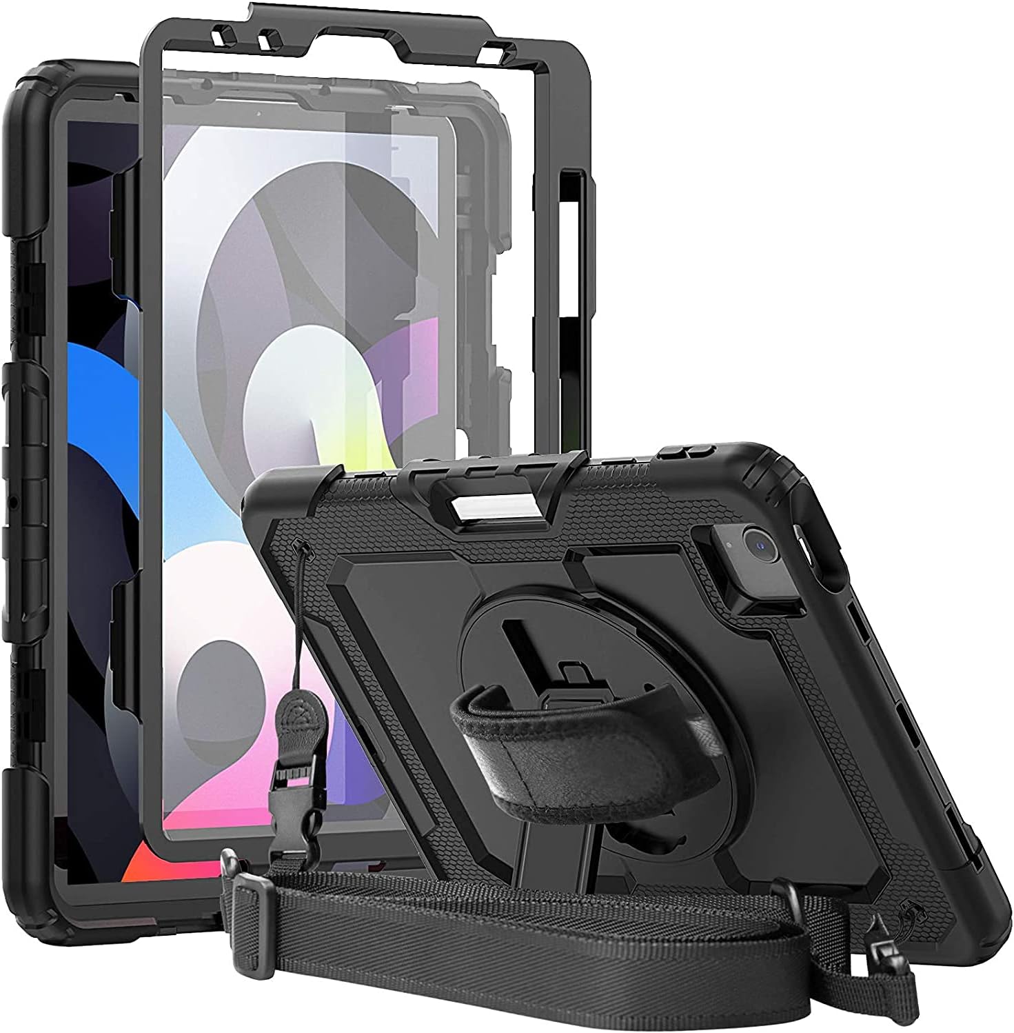 AVAKOTiPad Air 5th/4th Generation Case 10.9" for Kids, Full-Body Shockproof Protective Case with Screen Protector, Rotating Stand/Hand/Shoulder Strap/Pen Holder for iPad Air 5/Air 4, Black