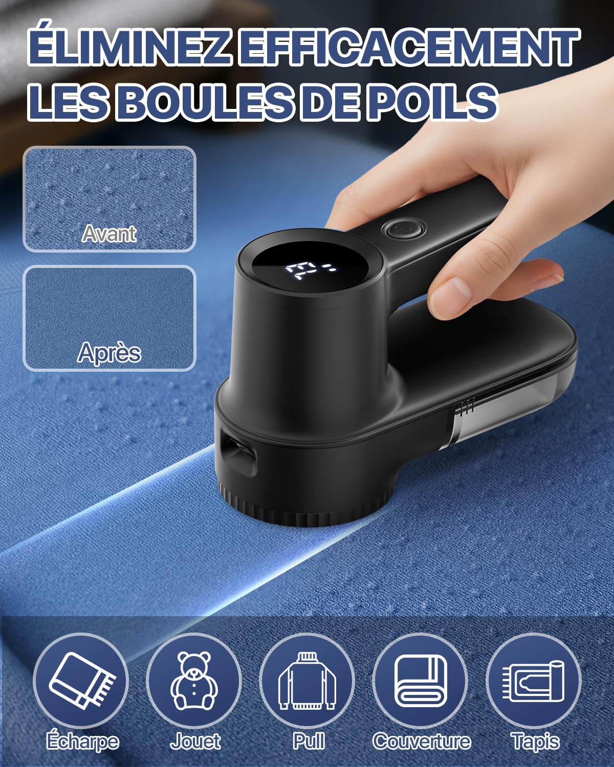 Anti Bouloche Électrique,[Écran LED&Éclairage] Homtronics Rasoir Anti Bouloche,Type-C,Tête à 6 Lames Fraise à Peluches,3 Vitesses Réglables,2000mAh,pour Laine,Vêtements,Canapés,Couvertures,Rideaux