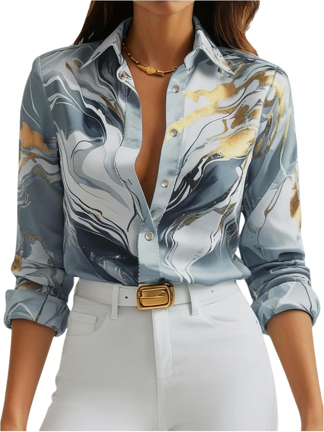WDIRARA Women's Marble Print Button Down Long Sleeve Shirt Collar Blouse Top