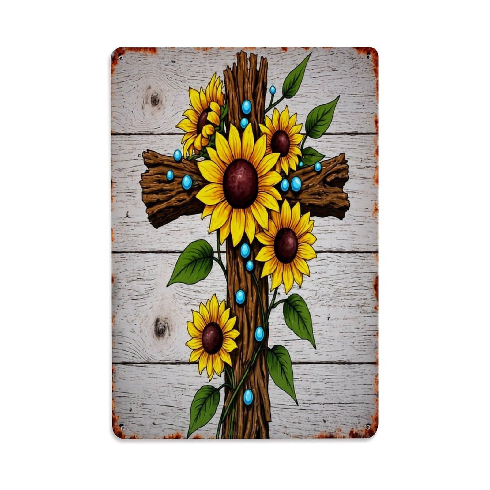 Nestemfo Vintage Sunflowers On Cross Design Tin Sign Metal Sign, Living Room,Bar, Home, Bedroom Wall Decor,Retro Metal Poster 8X12 Inches