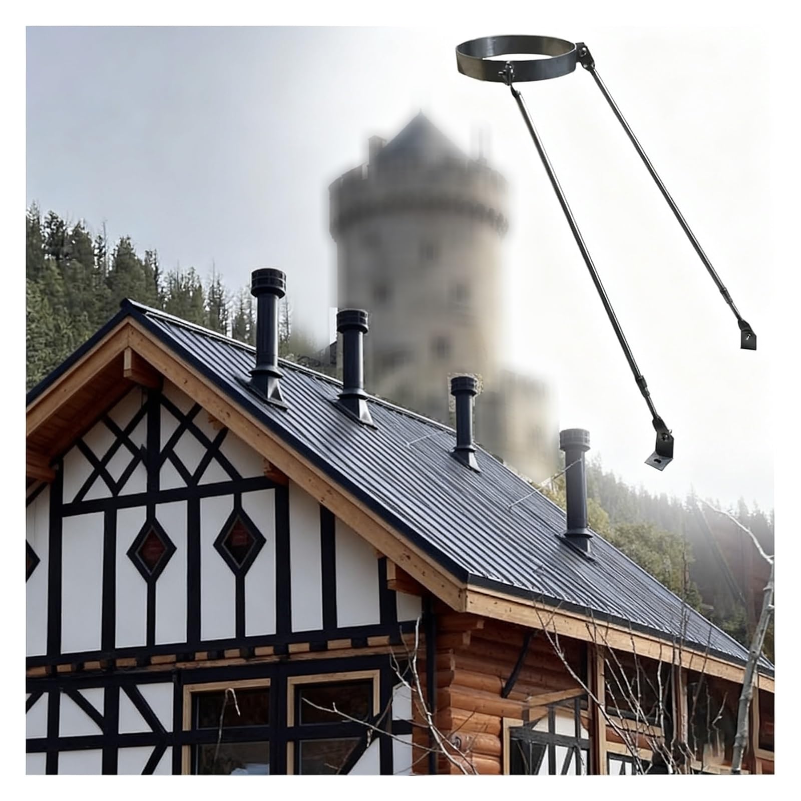 Jyhhgds Coal Heavy-Duty Steel Chimney Pipe Brace Kit For Roof/Wall Support, Fits 3" To 10" Pipes, Durable Outdoor Drainage Tube Fixing Solution, Ideal For Stoves And Ventilation