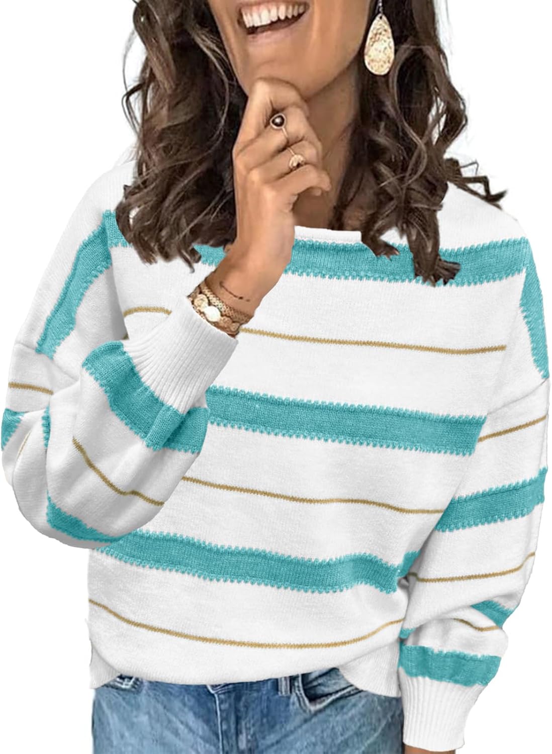 ANCAPELION Women's Color Block Sweaters Long Sleeve Crewneck Pullover Cozy Knitted Striped Jumper Tops