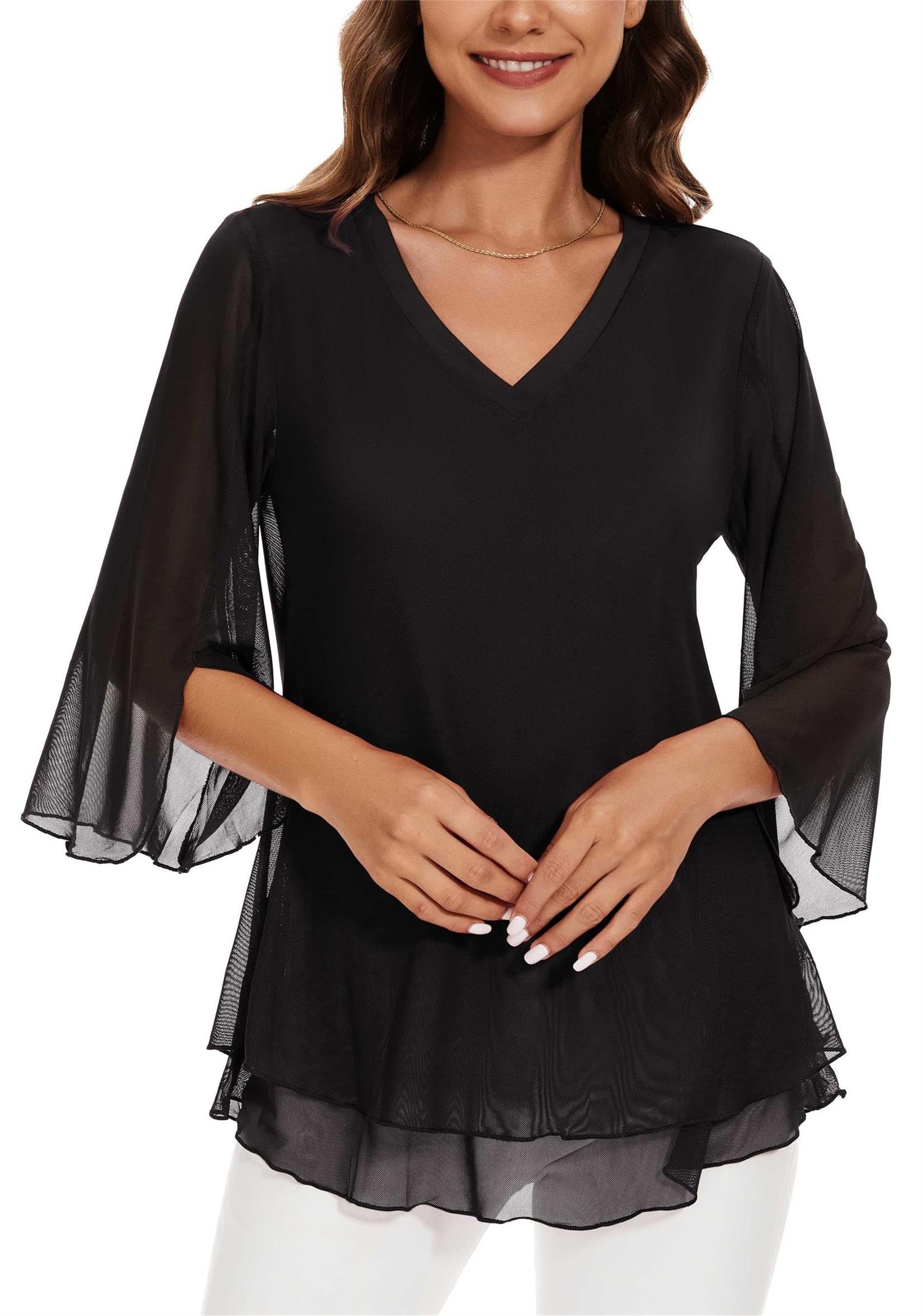 Actcat Damen Bluse Elegant 3/4 arm V-Ausschnitt Mesh Festliche Oberteil Blumen Doppellagige Tunika