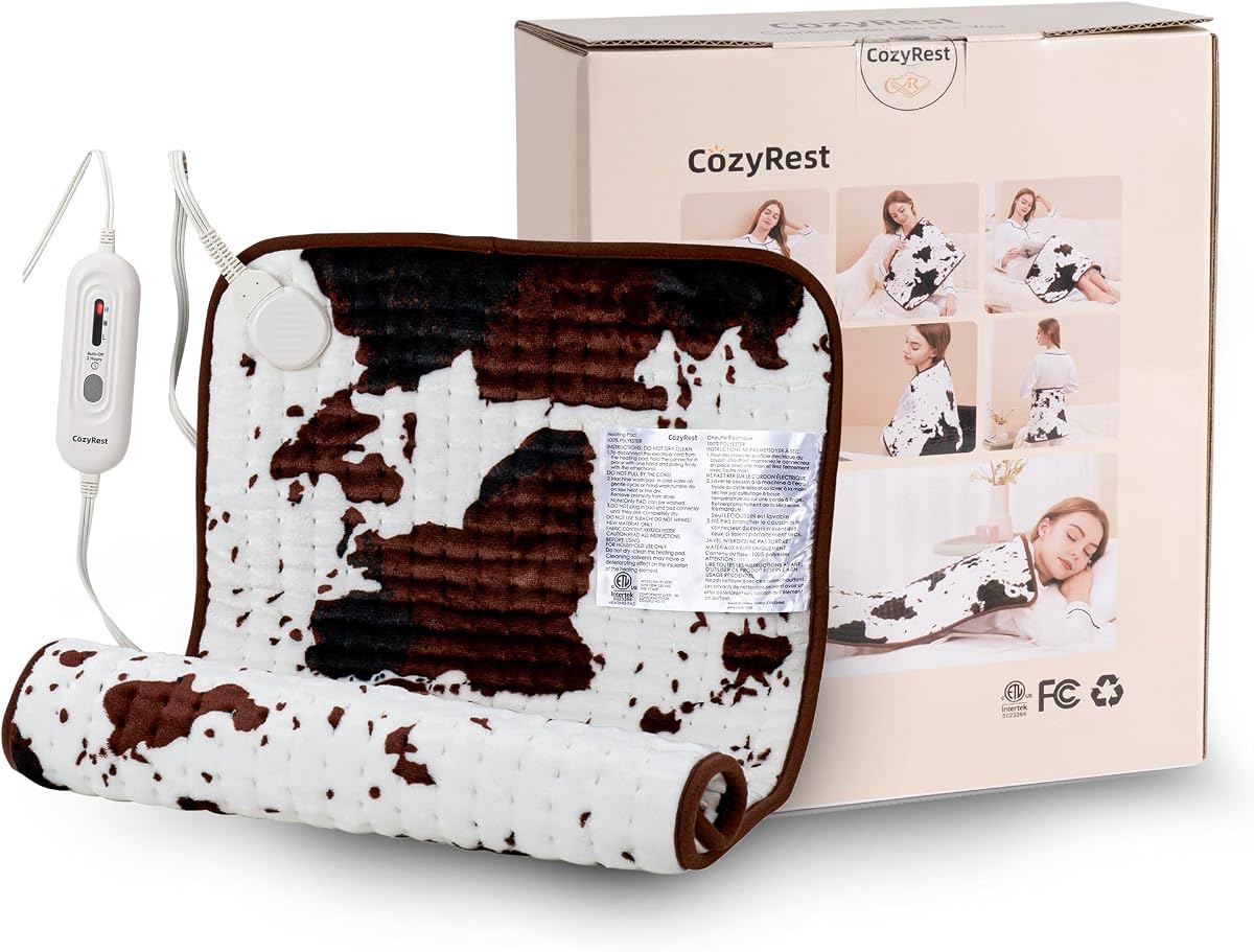 Almohadilla térmica con estampado de vaca 33 × 17 en almohadillas térmicas eléctricas suaves para el cuerpo lavable | Almohadillas térmicas eléctricas para espalda, cuello, abdomen, hombros, rodillas, brazos, piernas Calentamiento rápido 3 niveles de calor y apagado automático (XL)