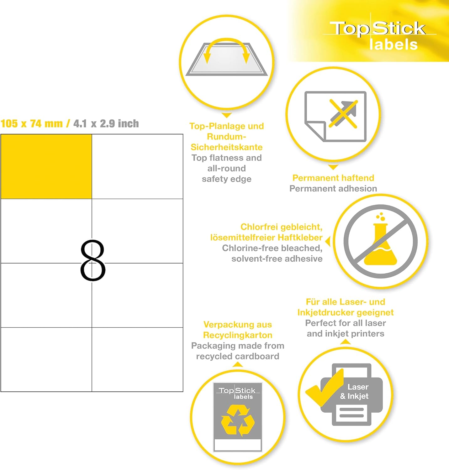 TopStick 8716 Multi-Purpose Labels, 8 Labels Per A4 Sheet, 105 x 74 mm, 800 Labels, Self Adhesive, Large Stickers for Laser and Inkjet Printers, White