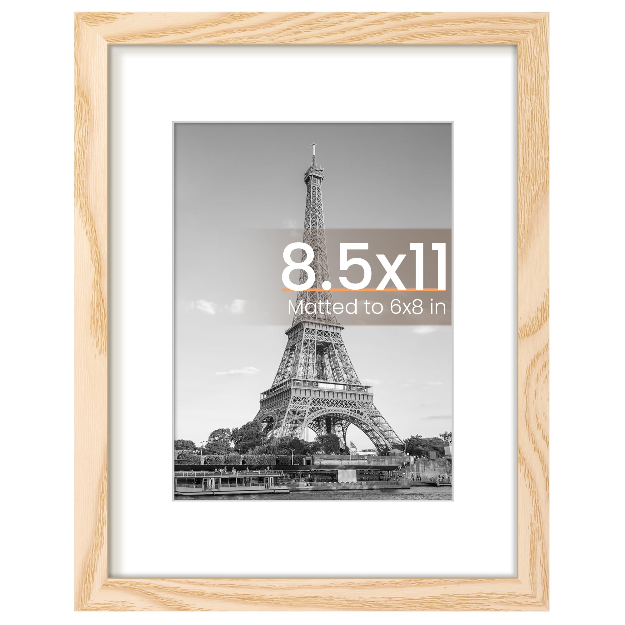 upsimples 8.5 By 11 Picture Frame, Display Pictures 6x8 with Mat or 8.5 x 11 Without, Wall Hanging Photo Frames, Natural Style, 1 Pack